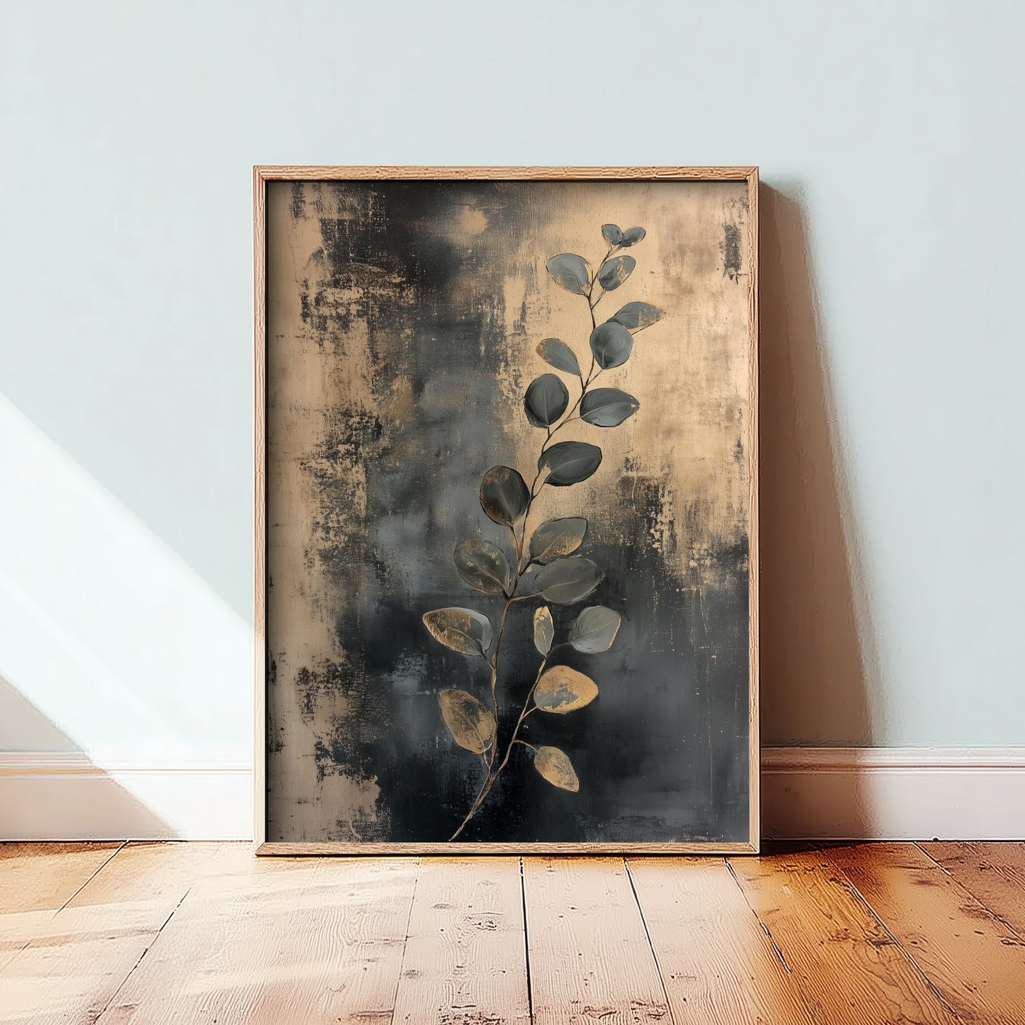 Gold Foil Eucalyptus Poster - Botanical Sprig Art Print - Blue Grey Painting - Modern Foliage V2 1/3
