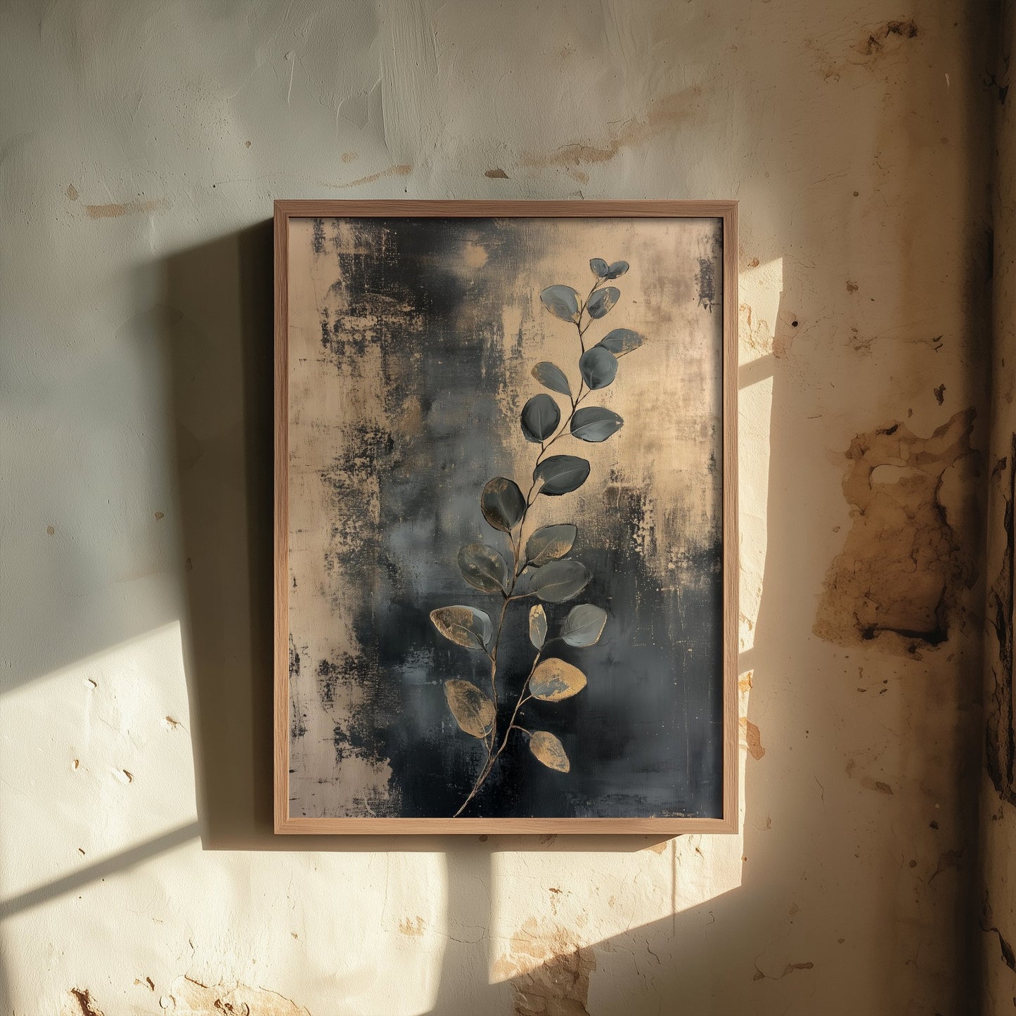 Gold Foil Eucalyptus Poster - Botanical Sprig Art Print - Blue Grey Painting - Modern Foliage V2 1/3