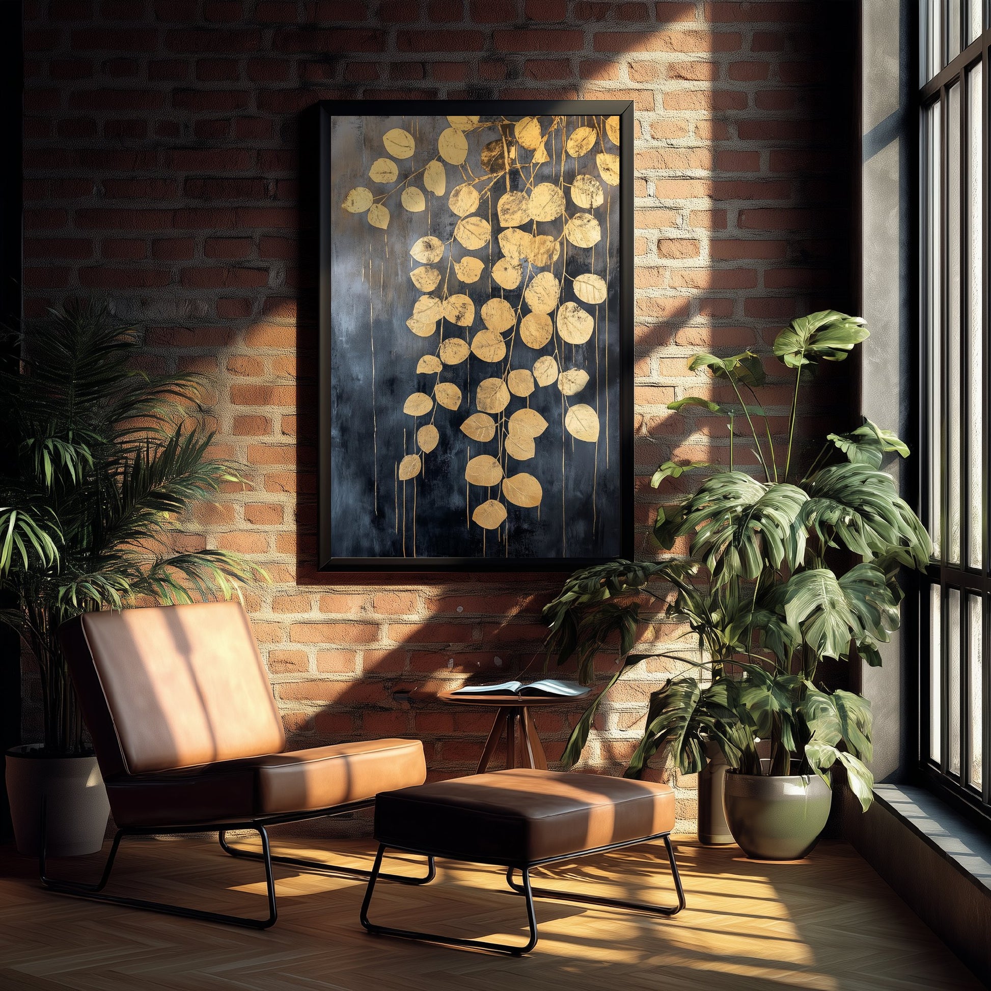 Gold Foil Eucalyptus Art Print - Hanging Leaf Poster - Golden Botanical Painting - Modern Foliage V2 2/3