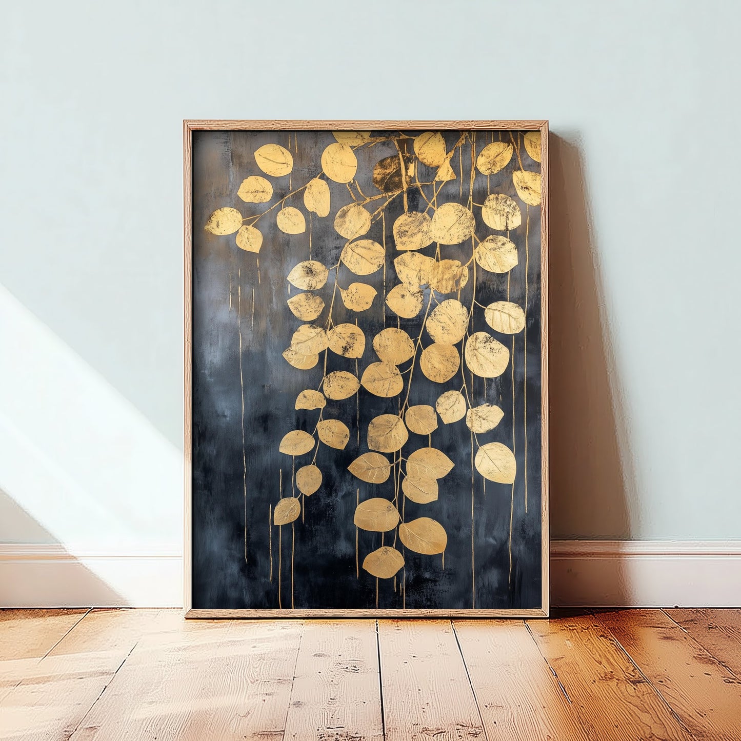 Gold Foil Eucalyptus Art Print - Hanging Leaf Poster - Golden Botanical Painting - Modern Foliage V2 2/3