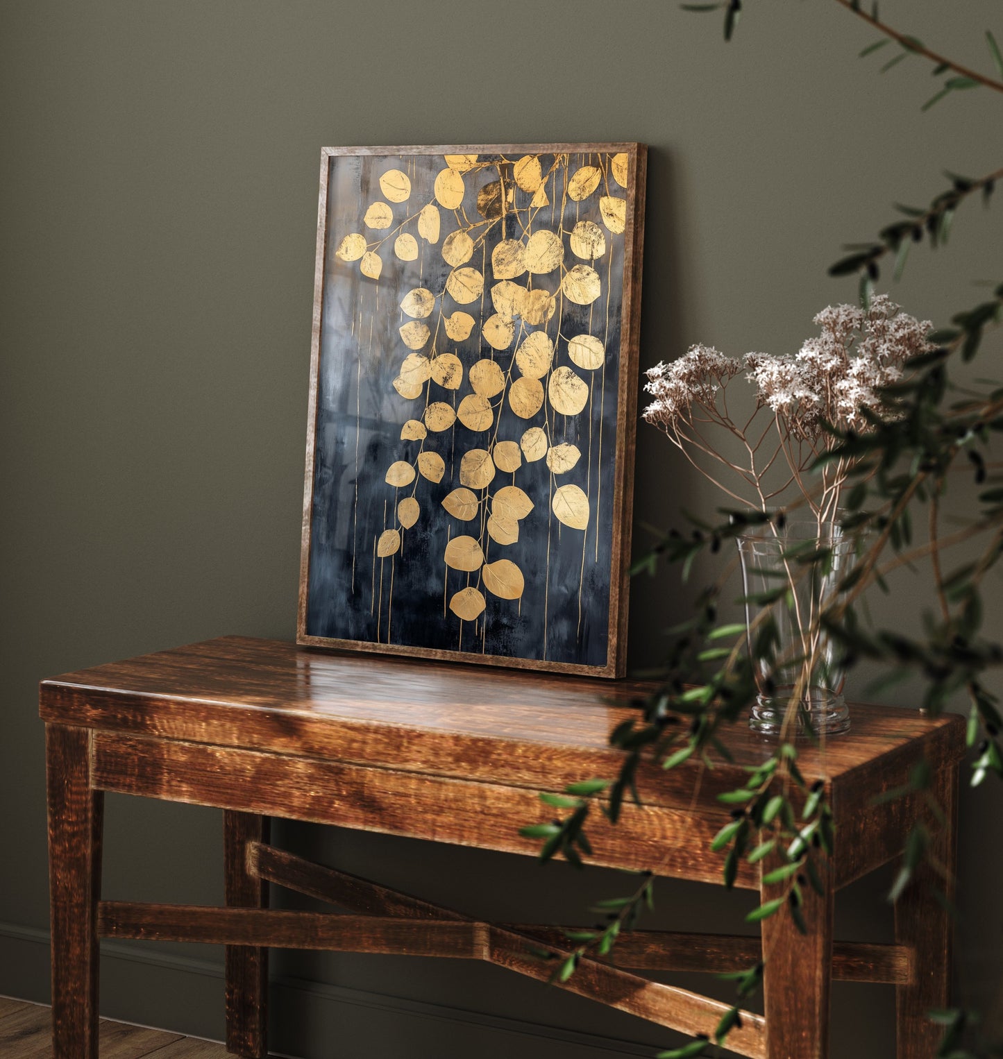 Gold Foil Eucalyptus Art Print - Hanging Leaf Poster - Golden Botanical Painting - Modern Foliage V2 2/3