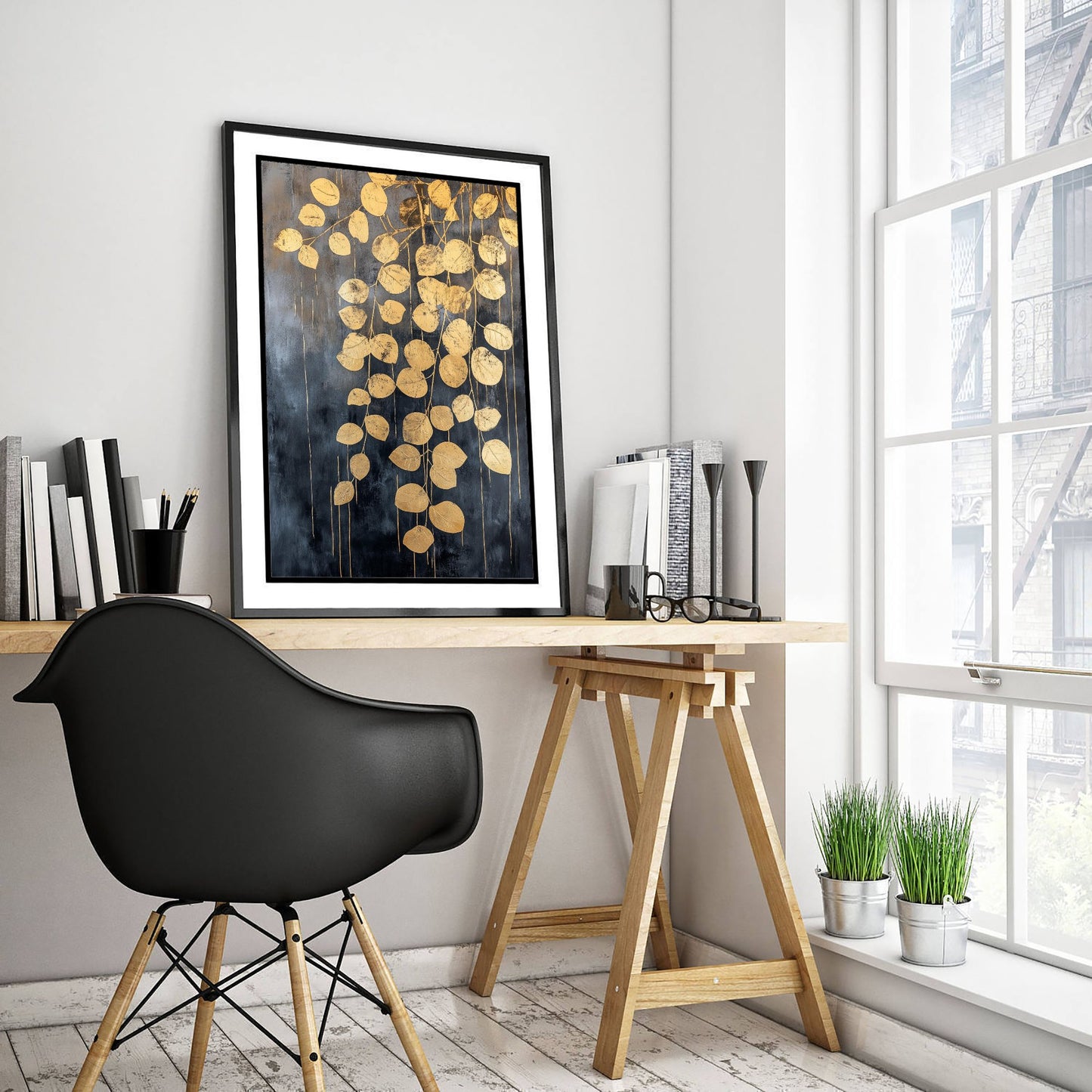 Gold Foil Eucalyptus Art Print - Hanging Leaf Poster - Golden Botanical Painting - Modern Foliage V2 2/3