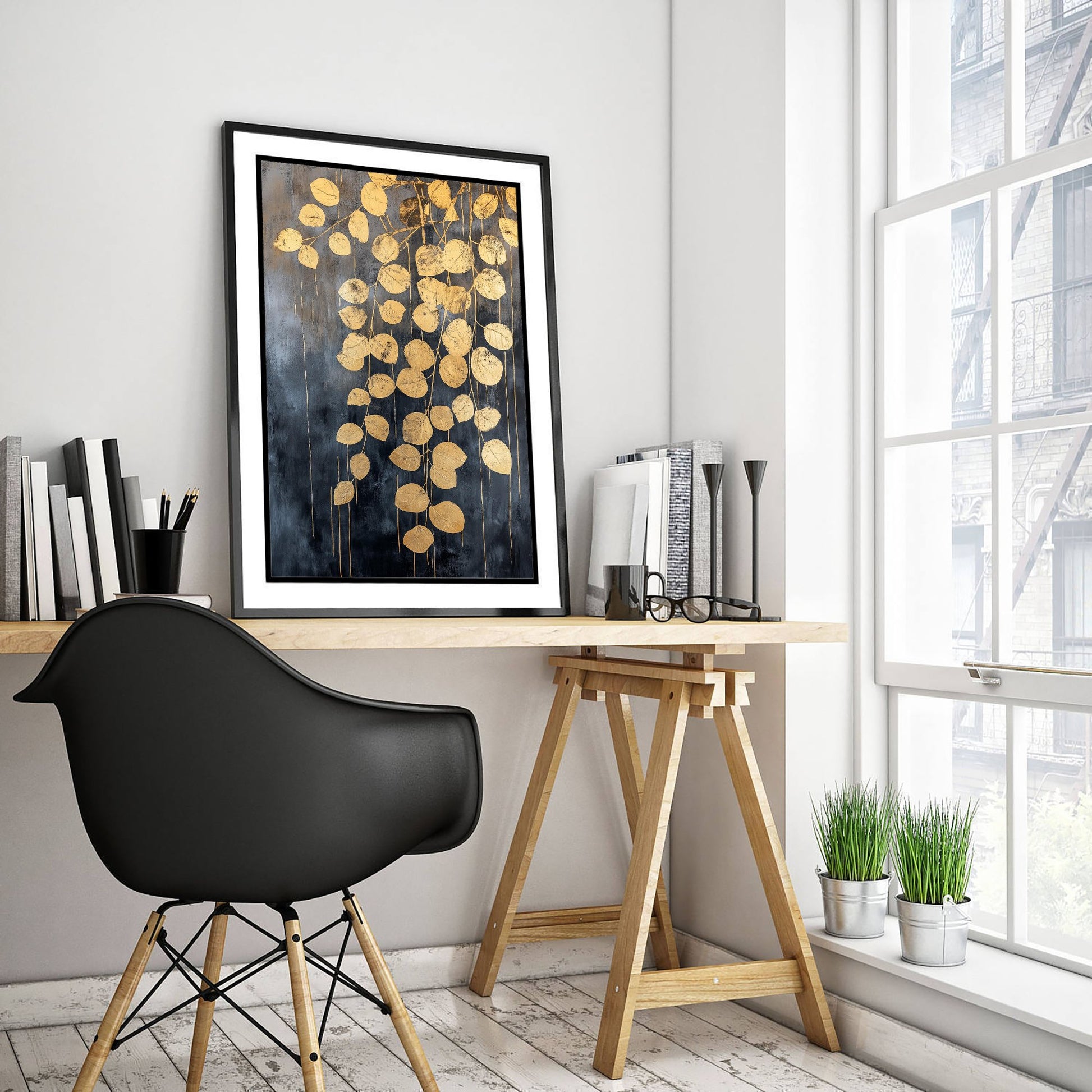 Gold Foil Eucalyptus Art Print - Hanging Leaf Poster - Golden Botanical Painting - Modern Foliage V2 2/3