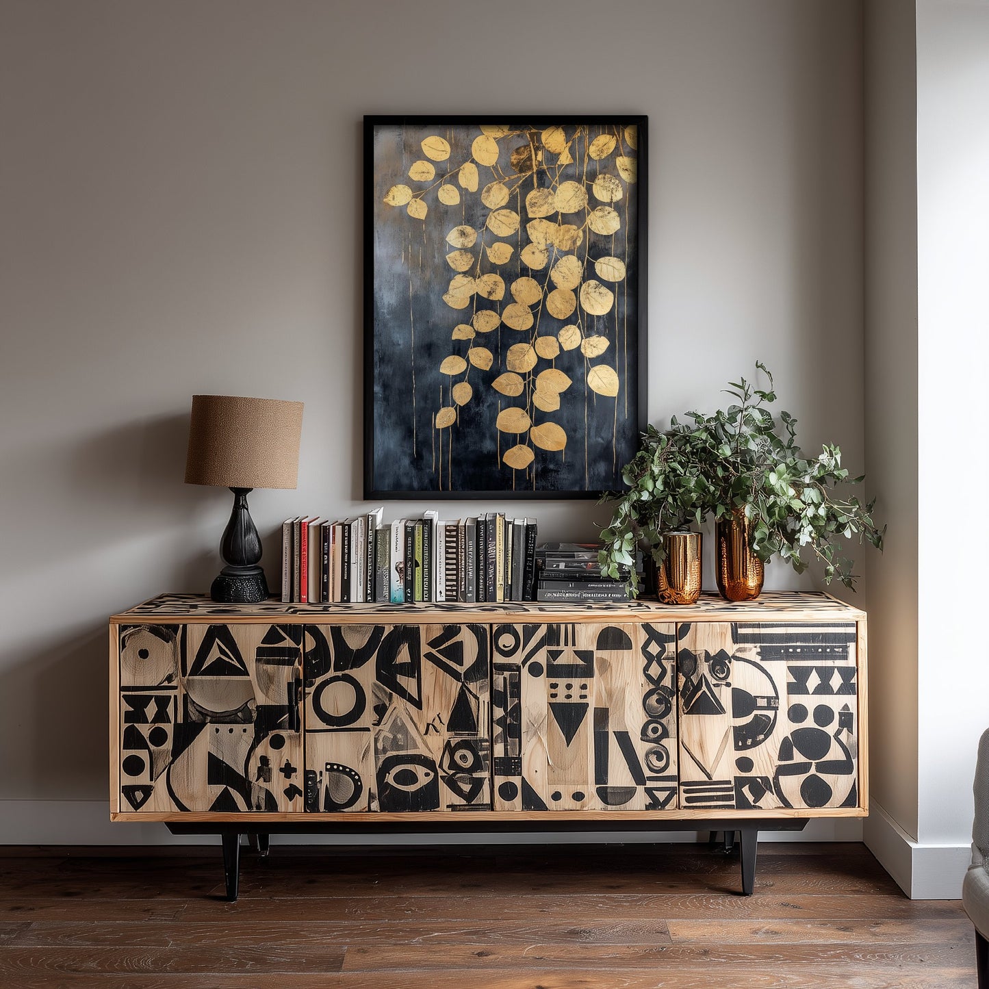 Gold Foil Eucalyptus Art Print - Hanging Leaf Poster - Golden Botanical Painting - Modern Foliage V2 2/3