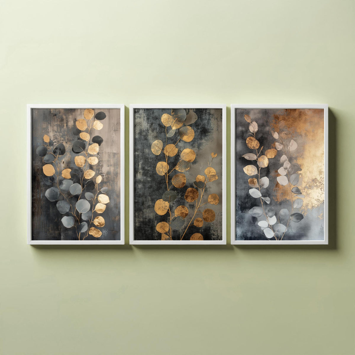 Eucalyptus Set of Three Art Prints V3 - 3 Gold Foil Botanical Posters - Grey Gold Luxe Leaf Wall Art Gift Painting