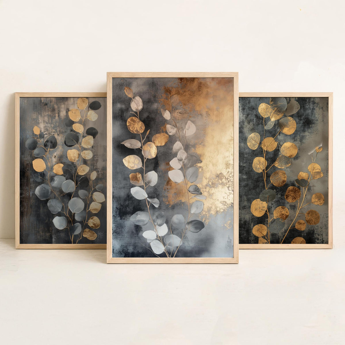 Eucalyptus Set of Three Art Prints V3 - 3 Gold Foil Botanical Posters - Grey Gold Luxe Leaf Wall Art Gift Painting
