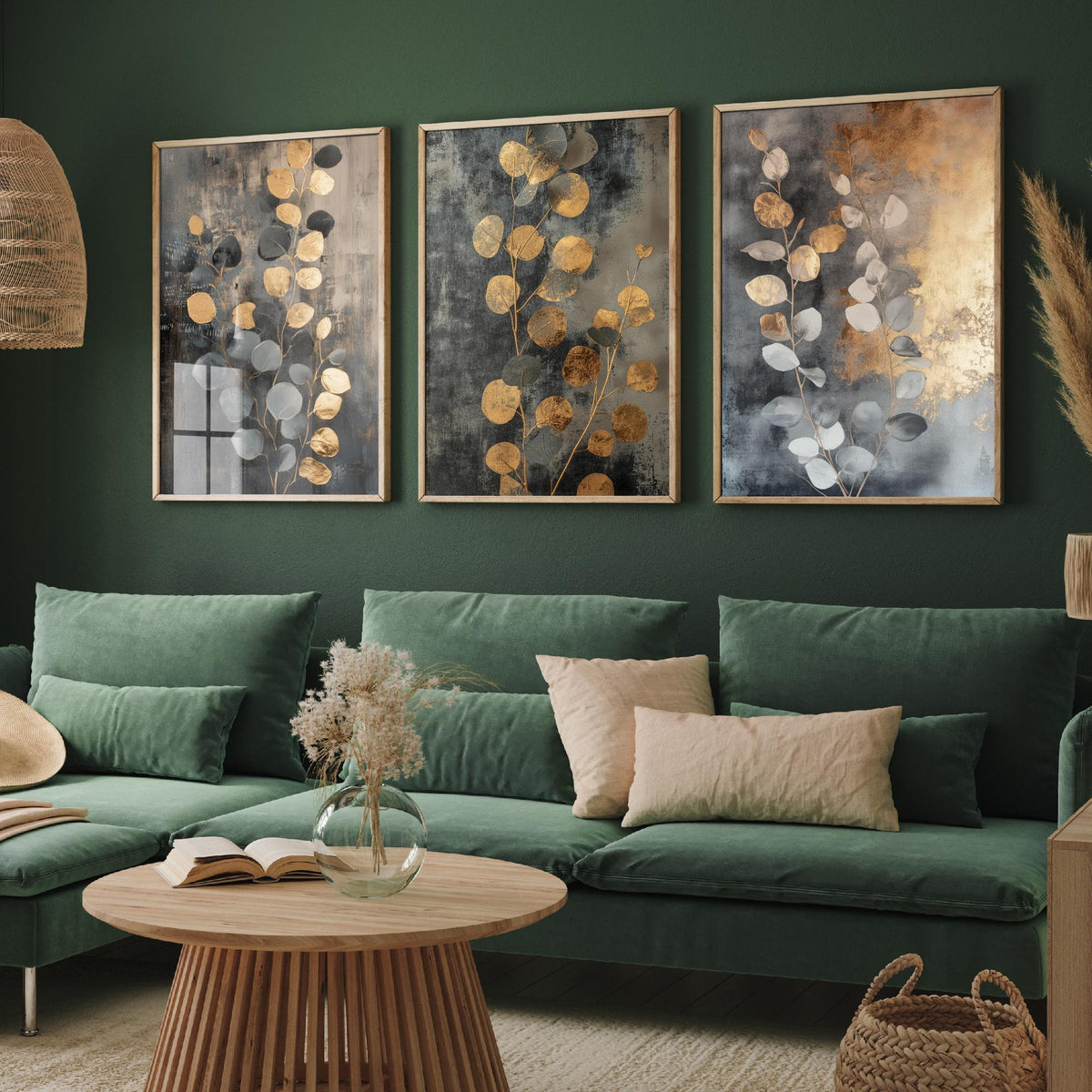Eucalyptus Set of Three Art Prints V3 - 3 Gold Foil Botanical Posters - Grey Gold Luxe Leaf Wall Art Gift Painting