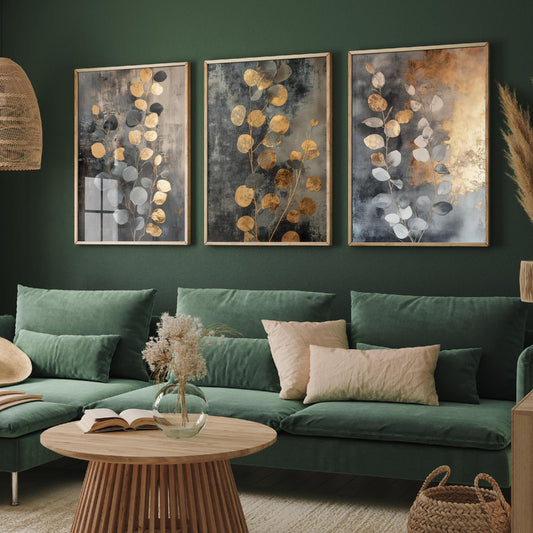 Eucalyptus Set of Three Art Prints V3 - 3 Gold Foil Botanical Posters - Grey Gold Luxe Leaf Wall Art Gift Painting