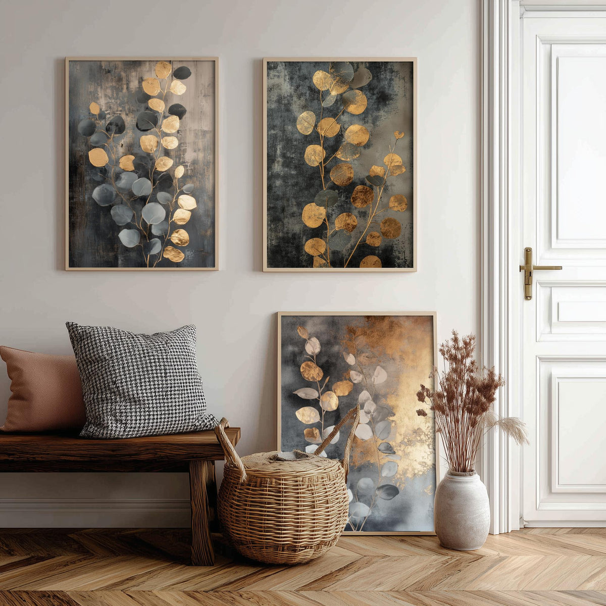 Eucalyptus Set of Three Art Prints V3 - 3 Gold Foil Botanical Posters - Grey Gold Luxe Leaf Wall Art Gift Painting