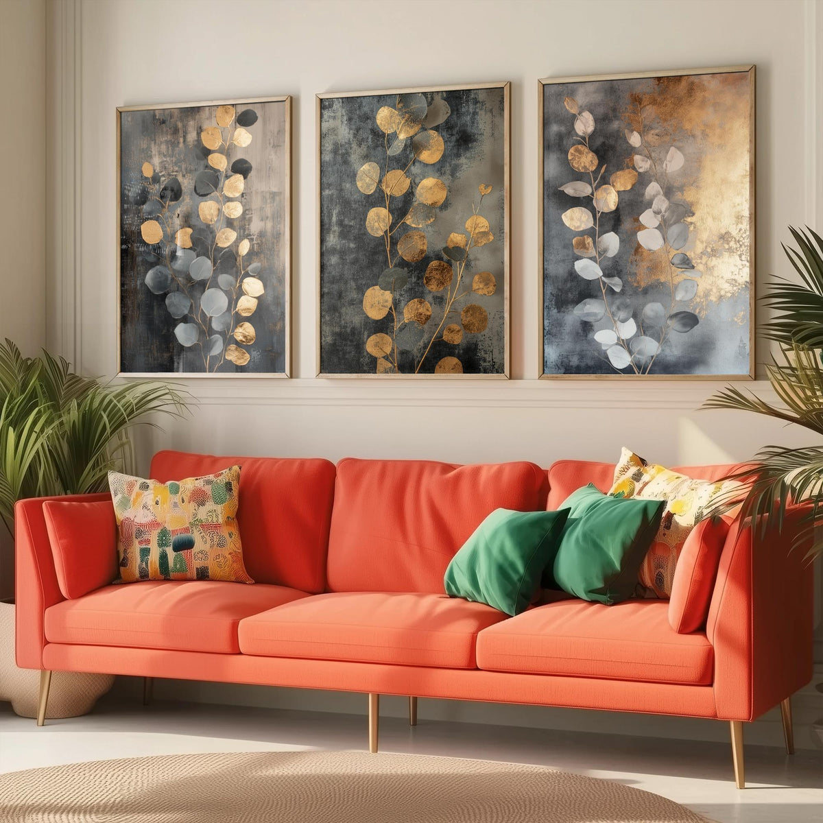 Eucalyptus Set of Three Art Prints V3 - 3 Gold Foil Botanical Posters - Grey Gold Luxe Leaf Wall Art Gift Painting