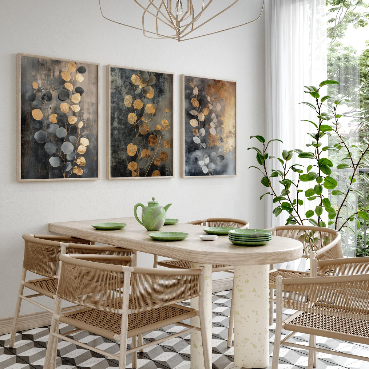 Eucalyptus Set of Three Art Prints V3 - 3 Gold Foil Botanical Posters - Grey Gold Luxe Leaf Wall Art Gift Painting