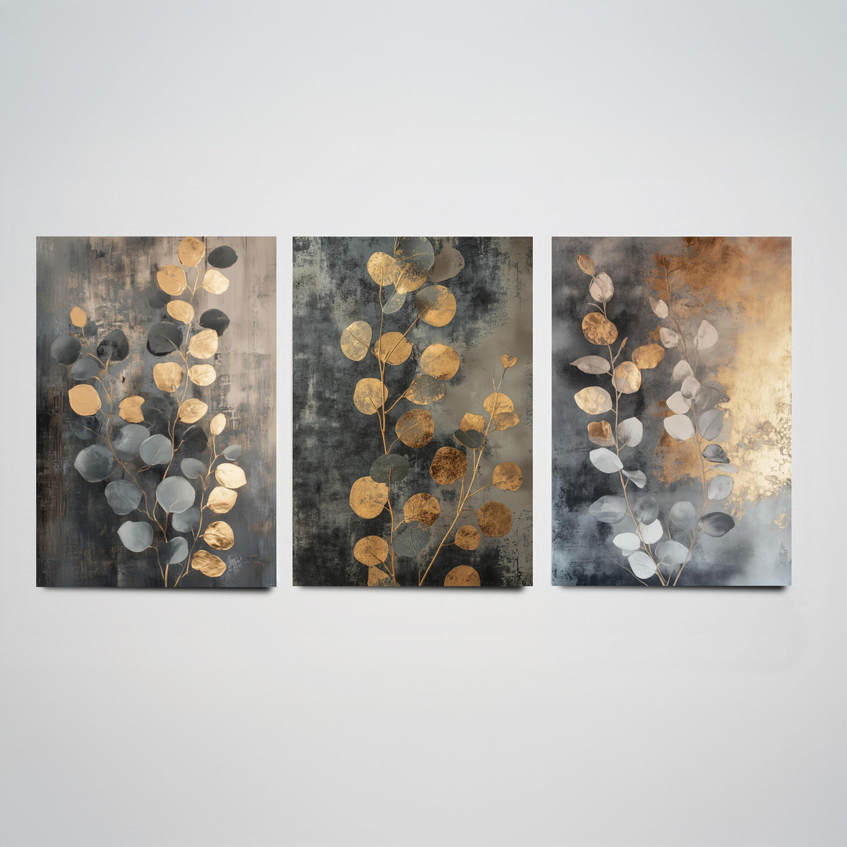 Eucalyptus Set of Three Art Prints V3 - 3 Gold Foil Botanical Posters - Grey Gold Luxe Leaf Wall Art Gift Painting