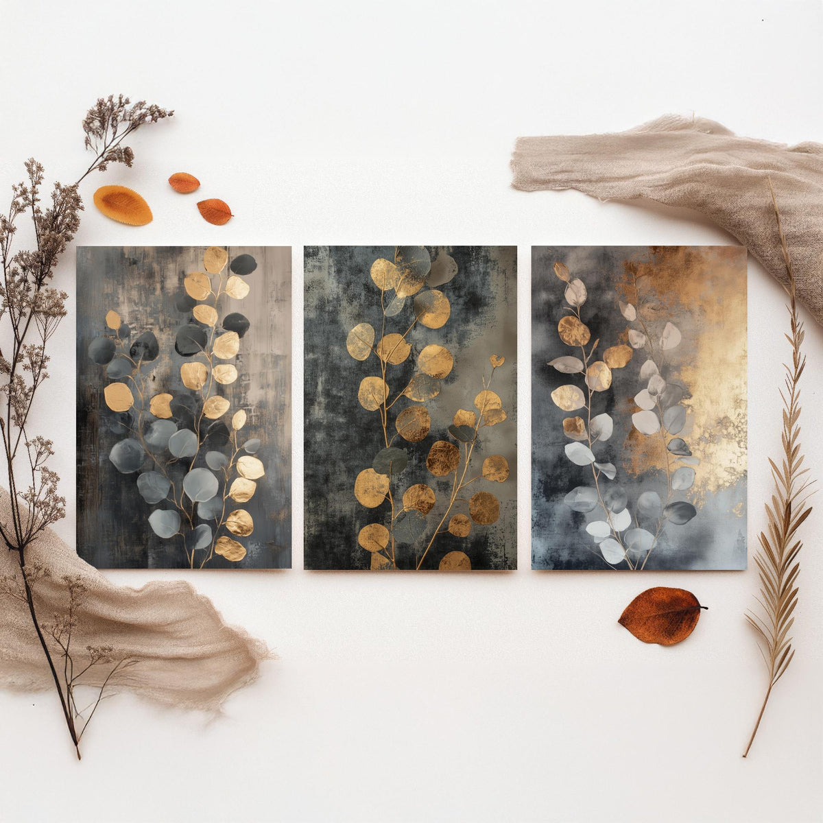 Eucalyptus Set of Three Art Prints V3 - 3 Gold Foil Botanical Posters - Grey Gold Luxe Leaf Wall Art Gift Painting