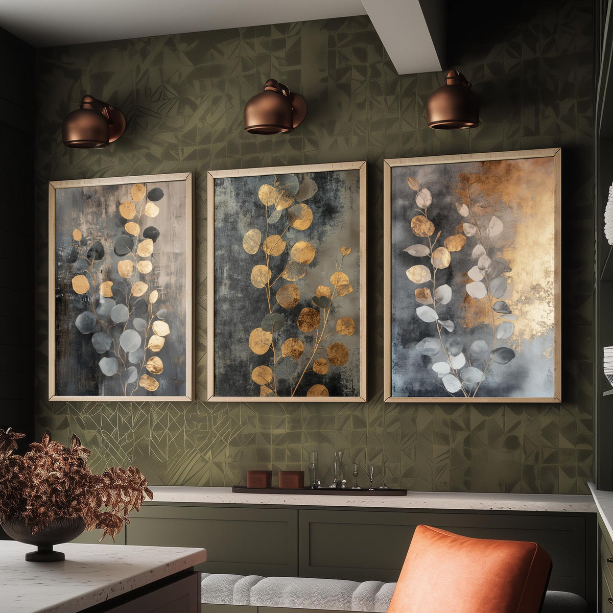 Eucalyptus Set of Three Art Prints V3 - 3 Gold Foil Botanical Posters - Grey Gold Luxe Leaf Wall Art Gift Painting