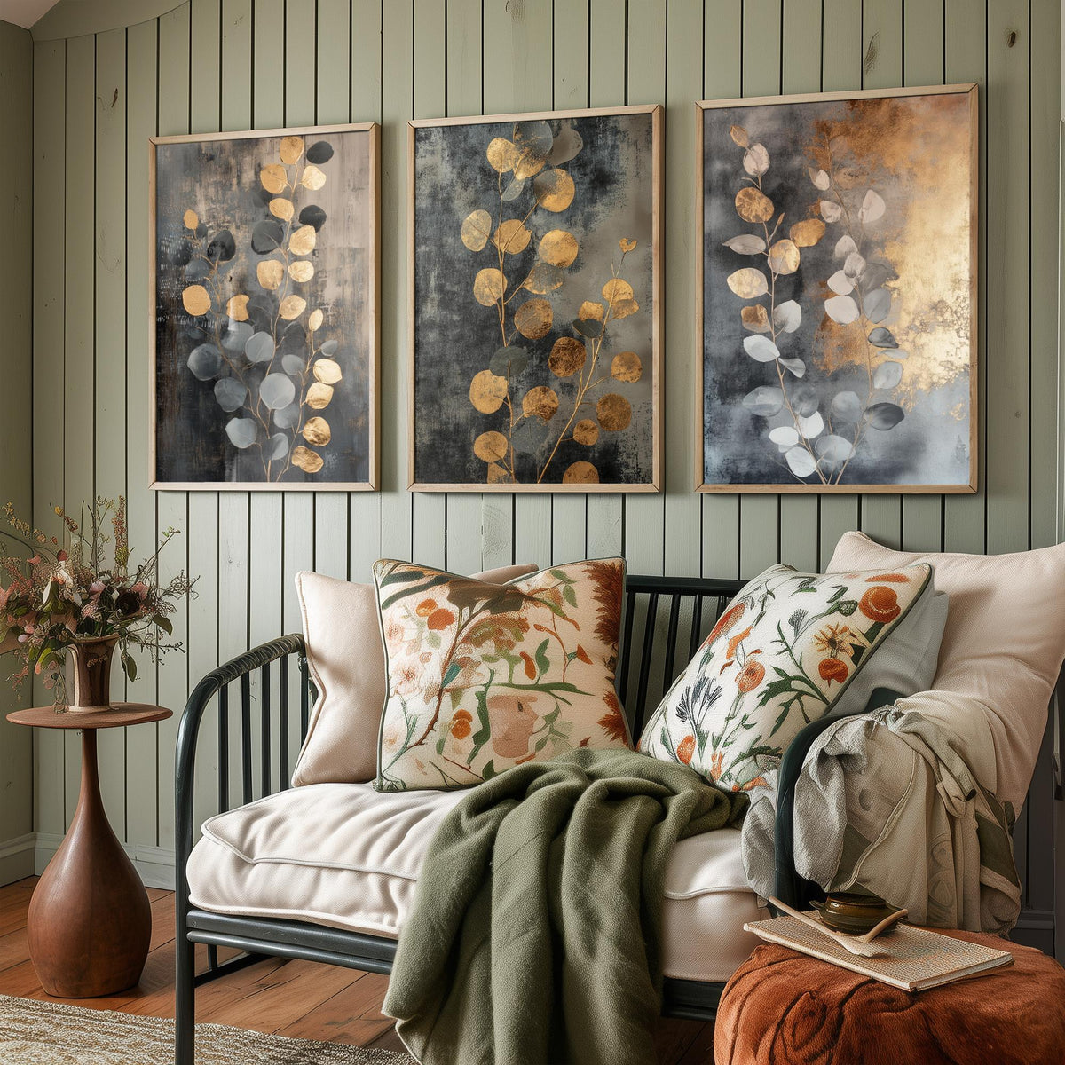 Eucalyptus Set of Three Art Prints V3 - 3 Gold Foil Botanical Posters - Grey Gold Luxe Leaf Wall Art Gift Painting