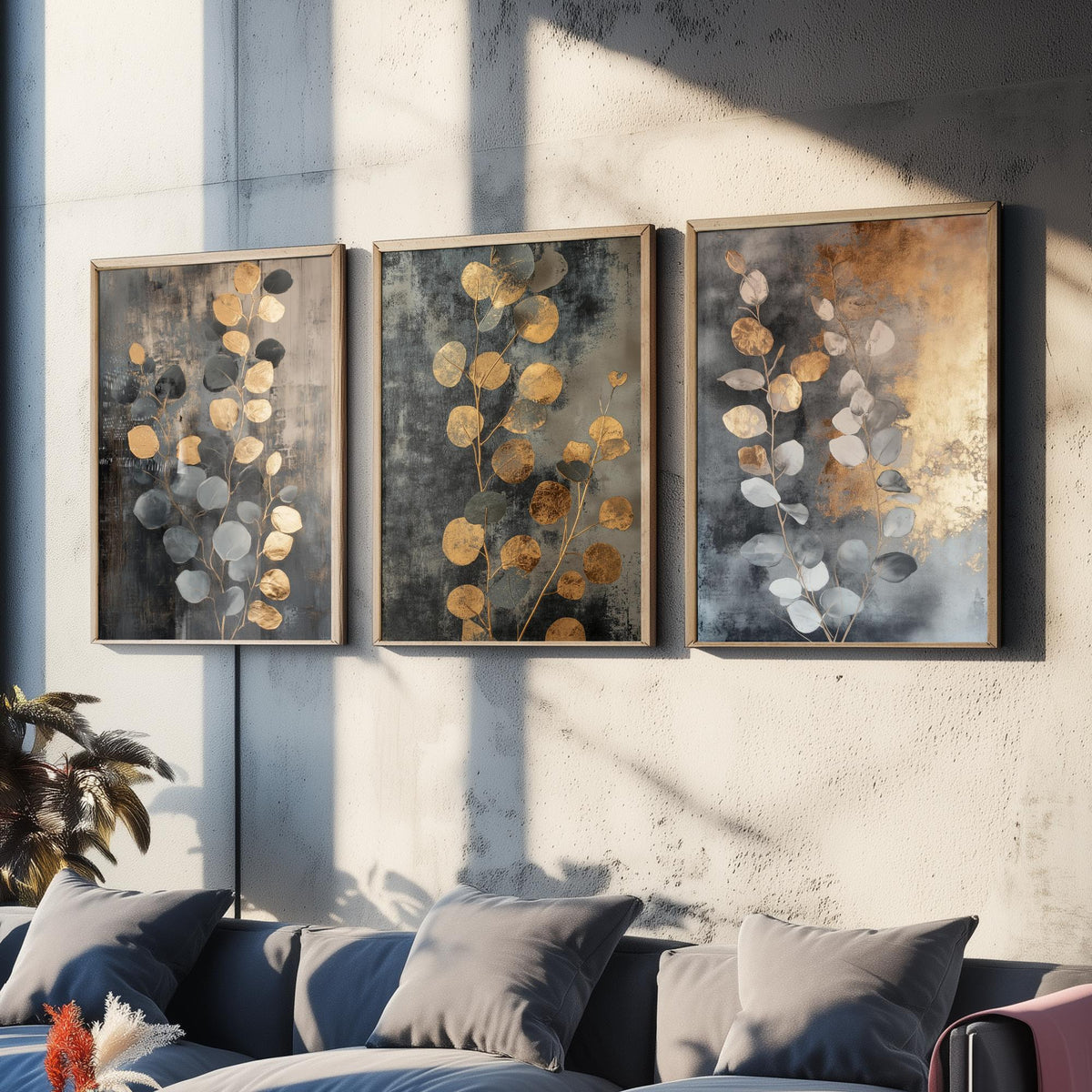 Eucalyptus Set of Three Art Prints V3 - 3 Gold Foil Botanical Posters - Grey Gold Luxe Leaf Wall Art Gift Painting