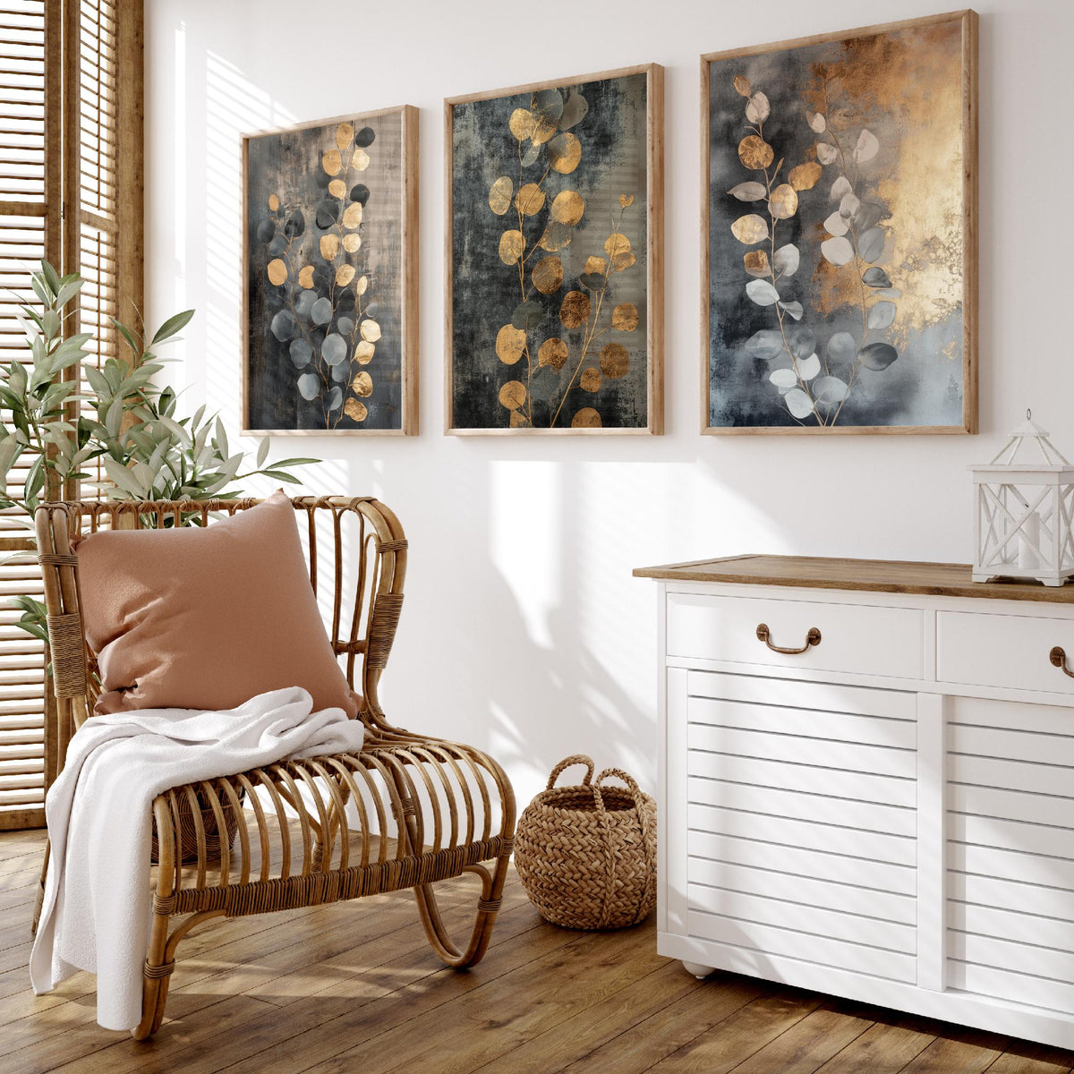 Eucalyptus Set of Three Art Prints V3 - 3 Gold Foil Botanical Posters - Grey Gold Luxe Leaf Wall Art Gift Painting