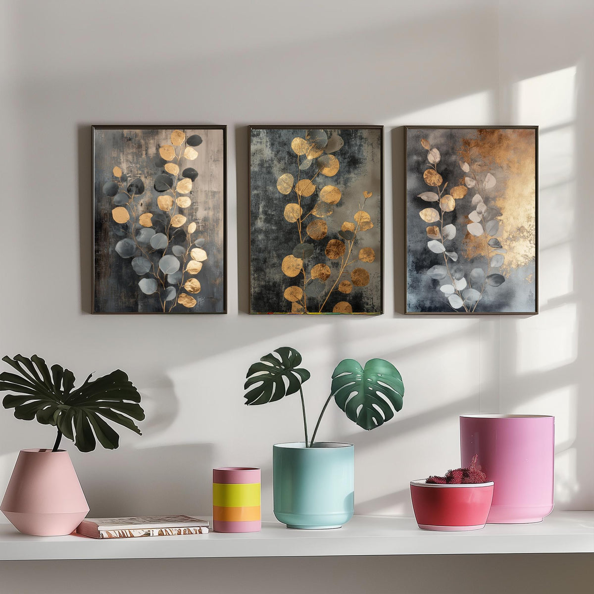 Eucalyptus Set of Three Art Prints V3 - 3 Gold Foil Botanical Posters - Grey Gold Luxe Leaf Wall Art Gift Painting
