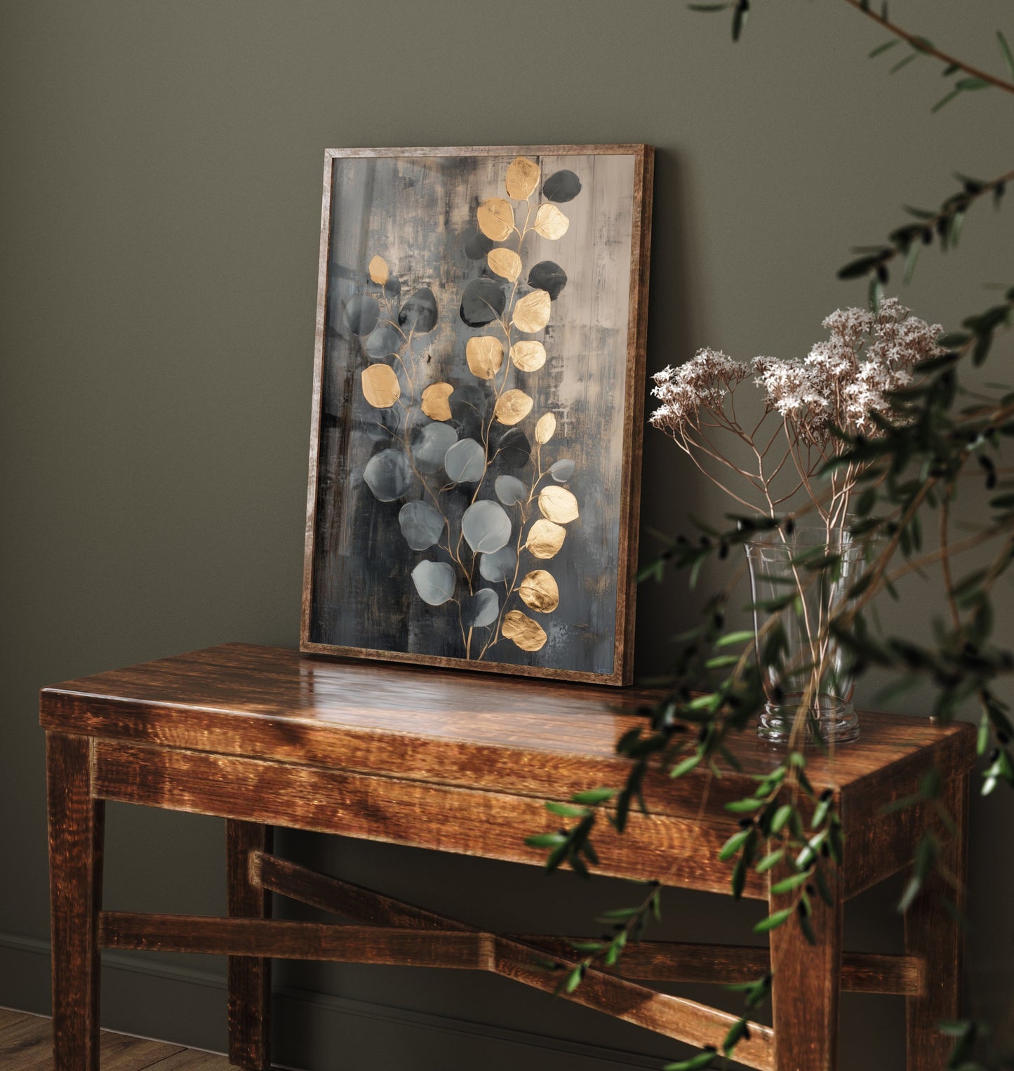 Gold Foil Eucalyptus Art Print - Sage Botanical Poster - Golden Leaf Painting - Modern Foliage V3 1/3