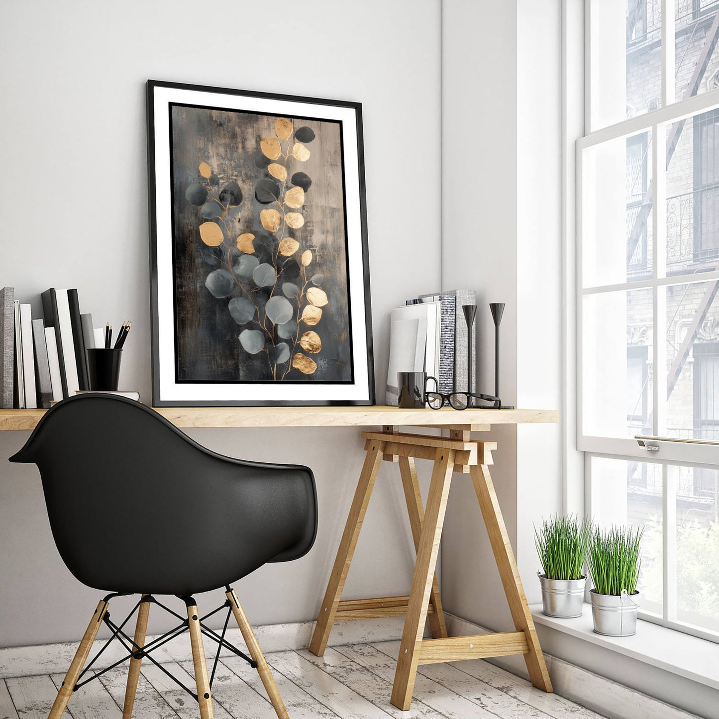 Gold Foil Eucalyptus Art Print - Sage Botanical Poster - Golden Leaf Painting - Modern Foliage V3 1/3