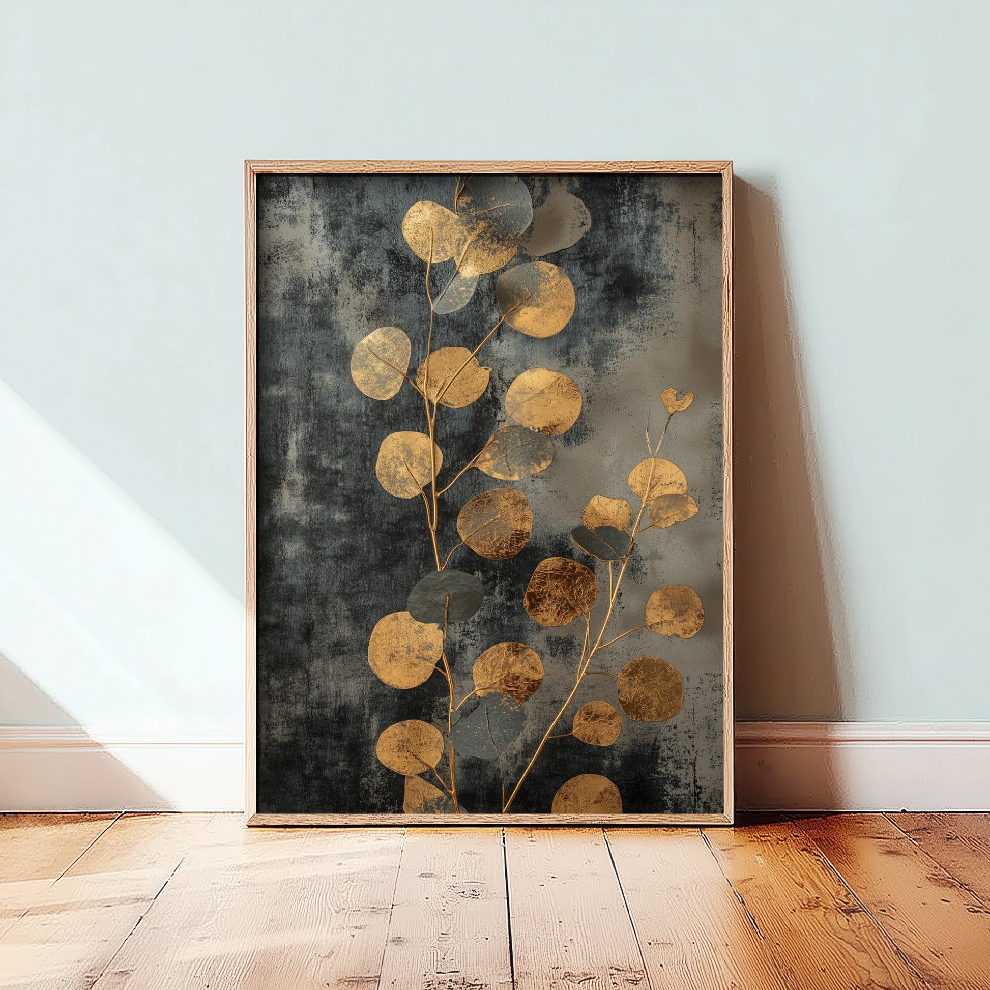 Gold Foil Eucalyptus Poster - Tall Stem Botanical Art Print - Golden Painting - Modern Foliage V3 2/3