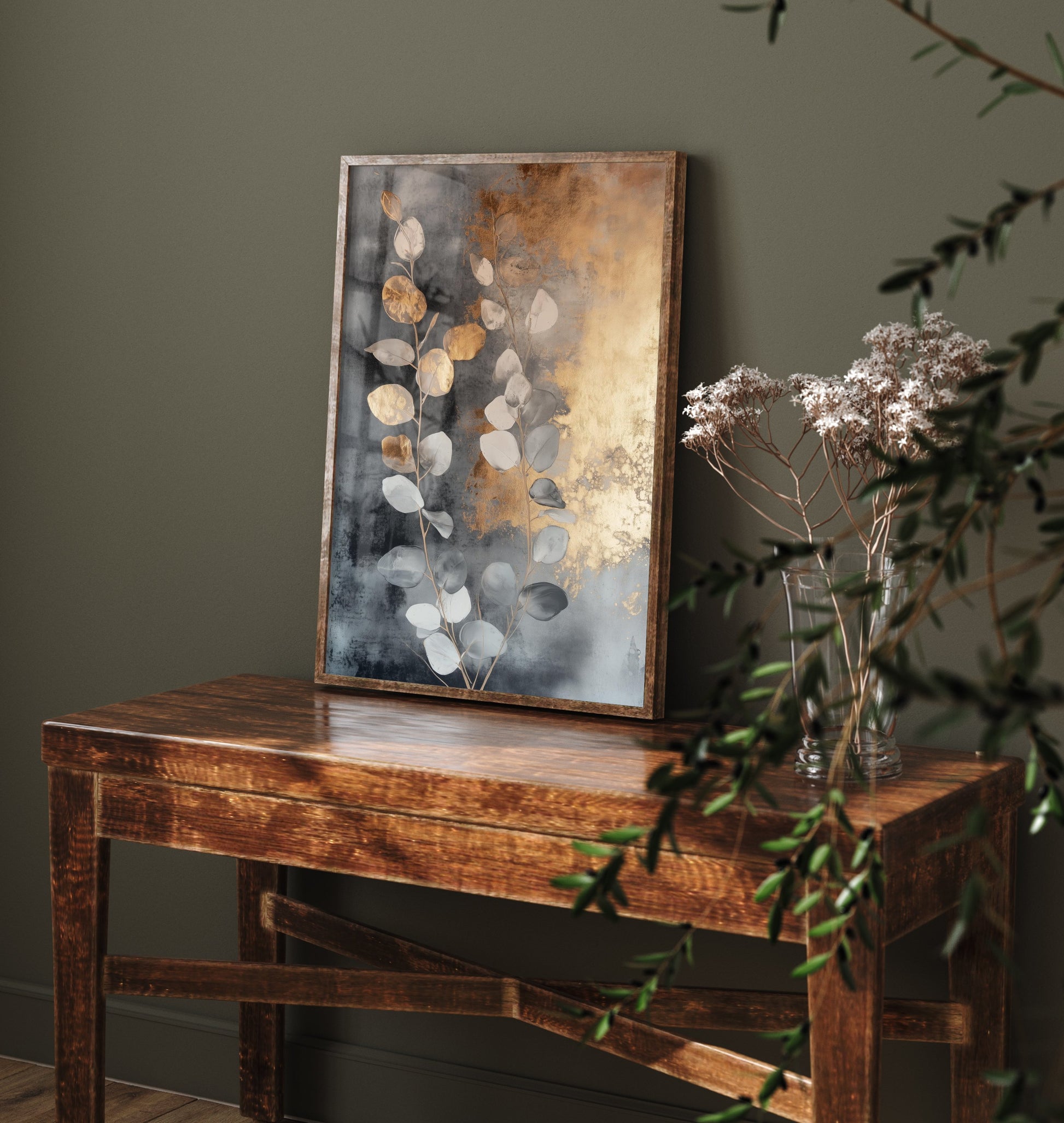 Gold Foil Eucalyptus Art Print - Pale Blue Leaf Poster - Warm Golden Painting - Modern Foliage V3 3/3