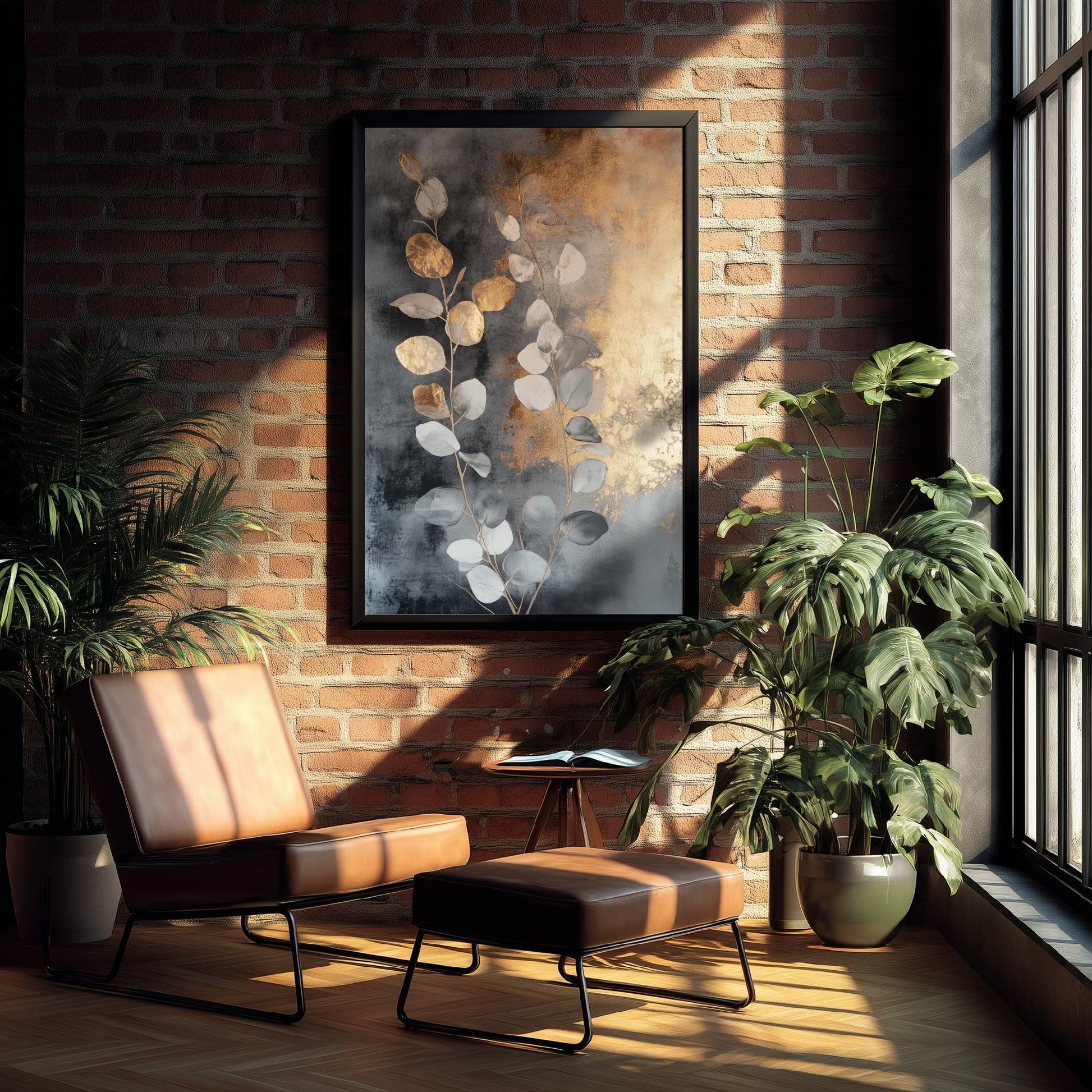 Gold Foil Eucalyptus Art Print - Pale Blue Leaf Poster - Warm Golden Painting - Modern Foliage V3 3/3