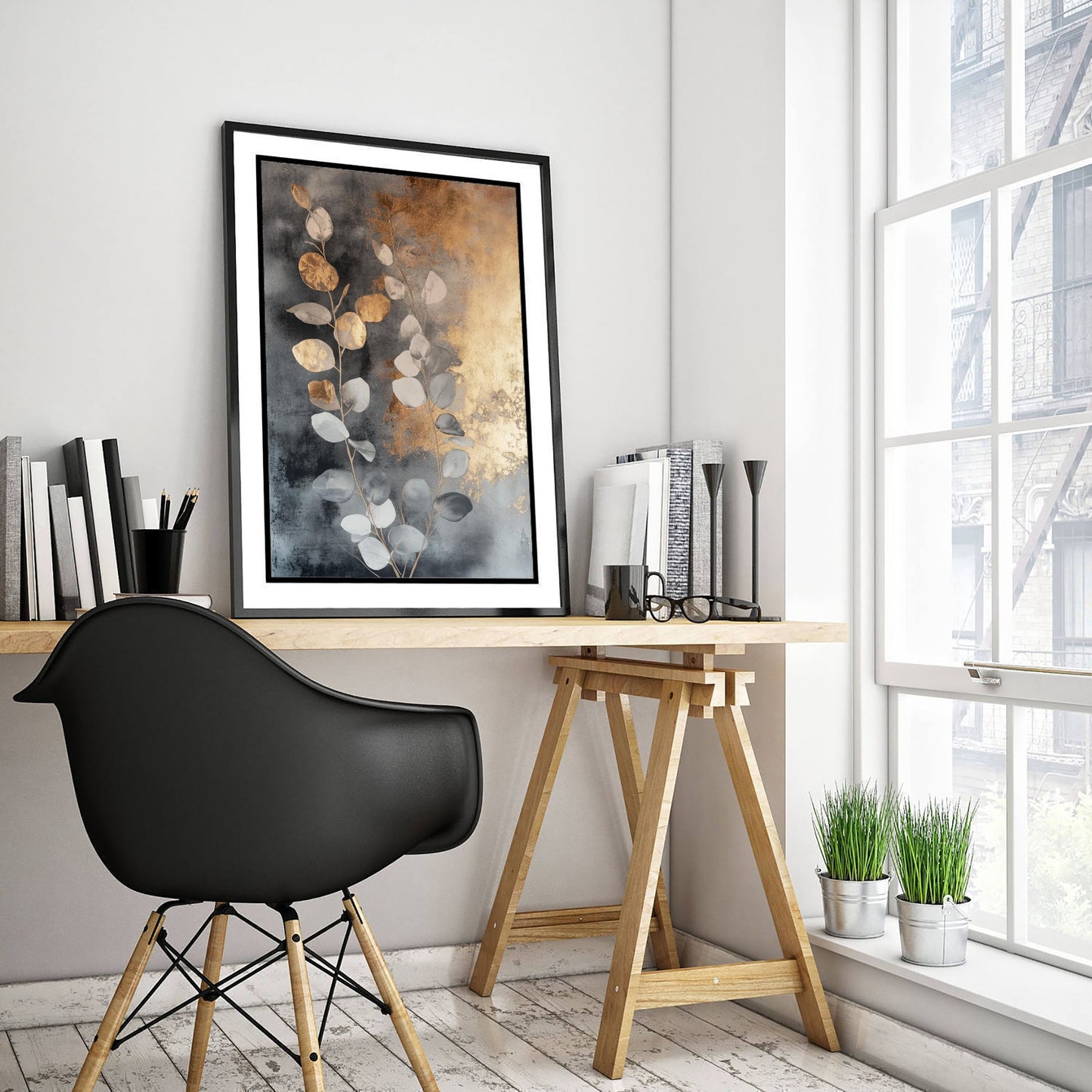 Gold Foil Eucalyptus Art Print - Pale Blue Leaf Poster - Warm Golden Painting - Modern Foliage V3 3/3
