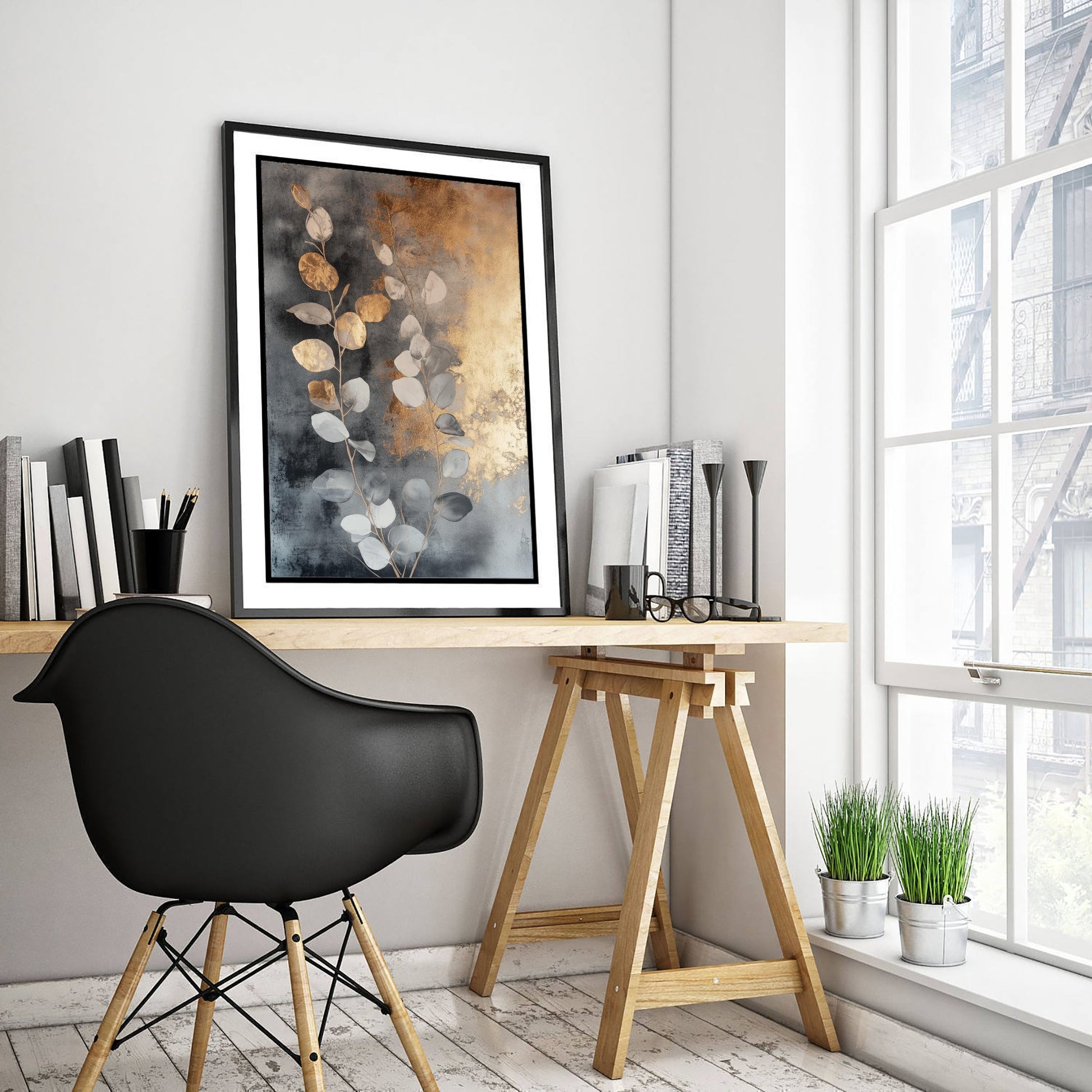 Gold Foil Eucalyptus Art Print - Pale Blue Leaf Poster - Warm Golden Painting - Modern Foliage V3 3/3