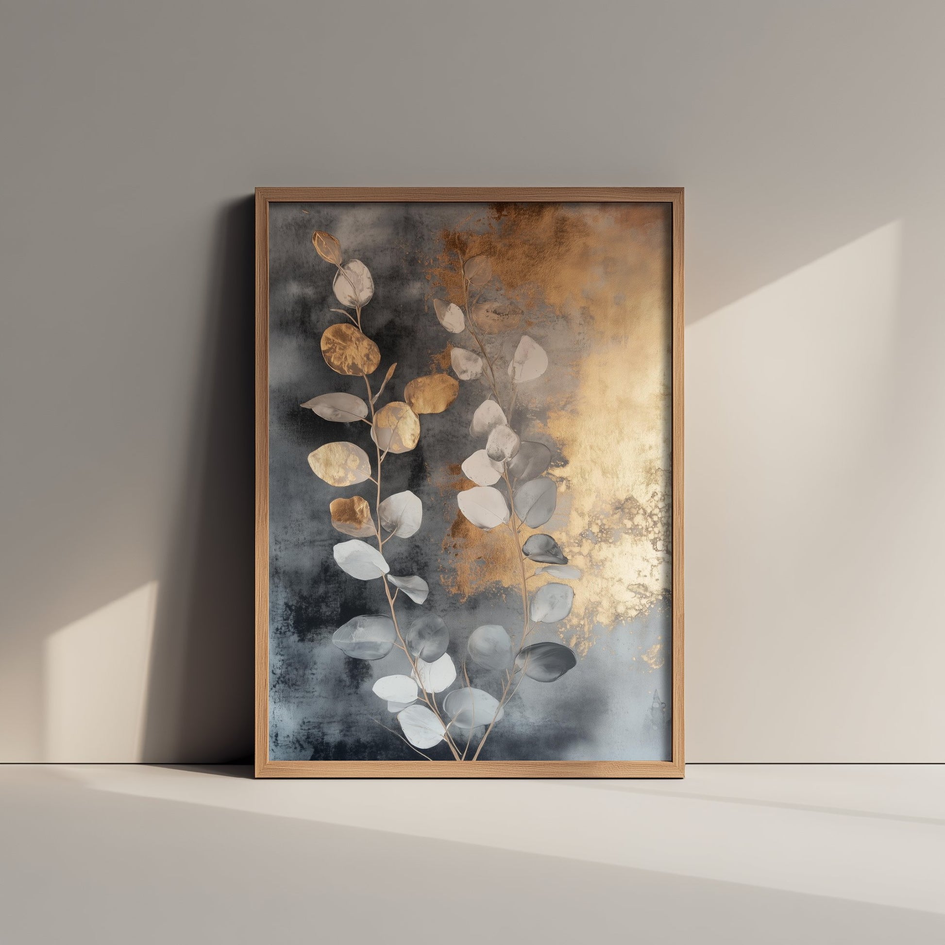 Gold Foil Eucalyptus Art Print - Pale Blue Leaf Poster - Warm Golden Painting - Modern Foliage V3 3/3