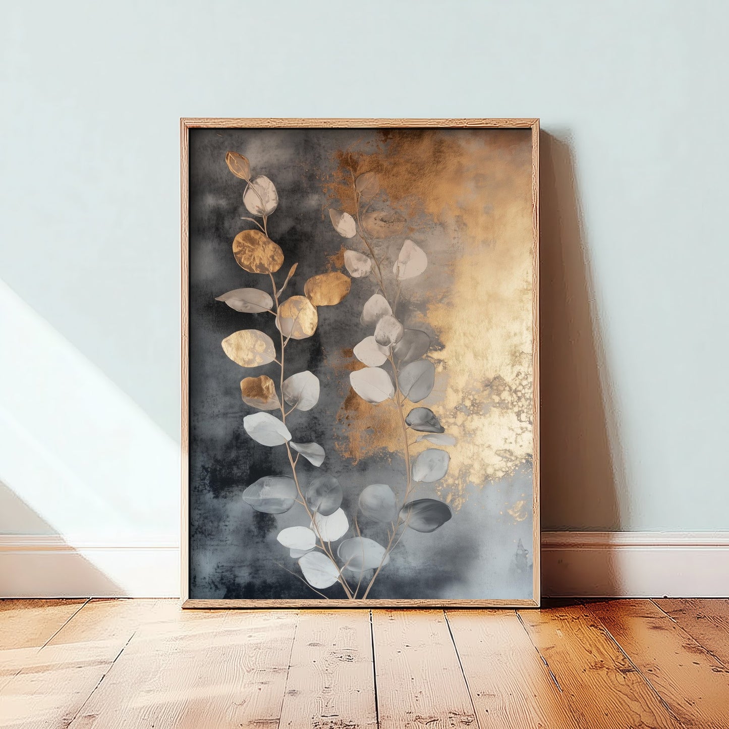Gold Foil Eucalyptus Art Print - Pale Blue Leaf Poster - Warm Golden Painting - Modern Foliage V3 3/3