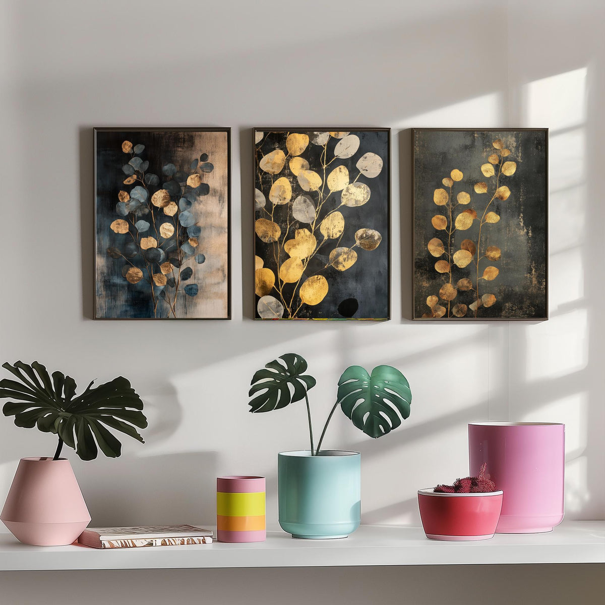 Eucalyptus Set of Three Art Prints V4 - 3 Gold Foil Botanical Posters - Slate Blue Gold Luxe Leaf Wall Art Gift Painting