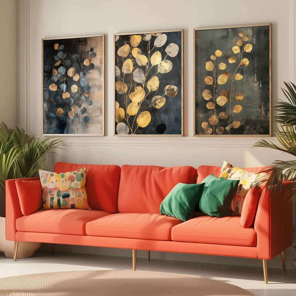 Eucalyptus Set of Three Art Prints V4 - 3 Gold Foil Botanical Posters - Slate Blue Gold Luxe Leaf Wall Art Gift Painting
