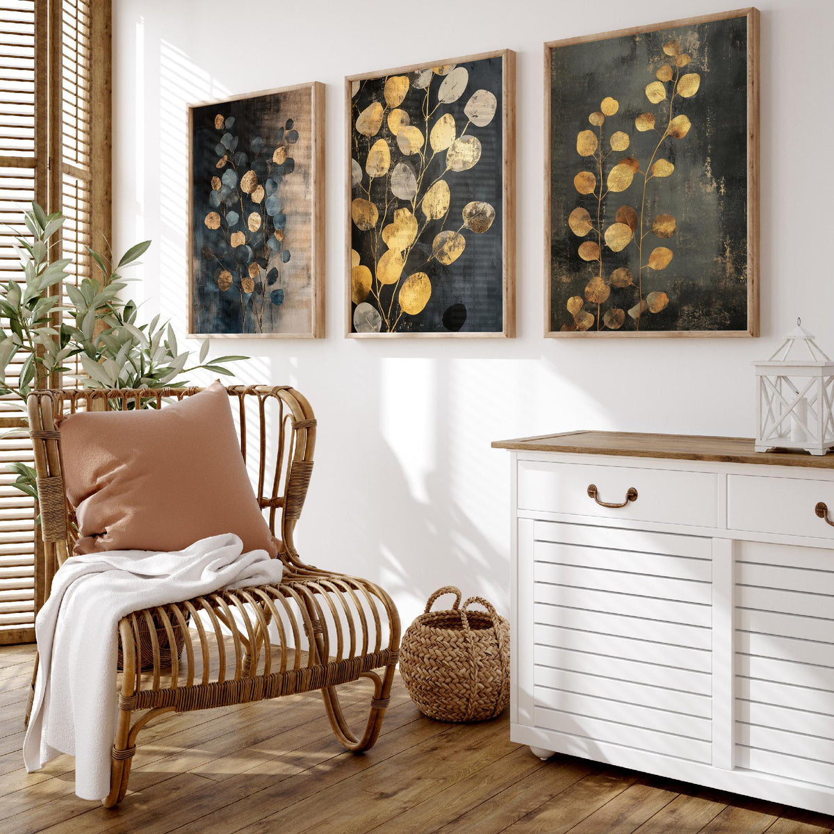 Eucalyptus Set of Three Art Prints V4 - 3 Gold Foil Botanical Posters - Slate Blue Gold Luxe Leaf Wall Art Gift Painting