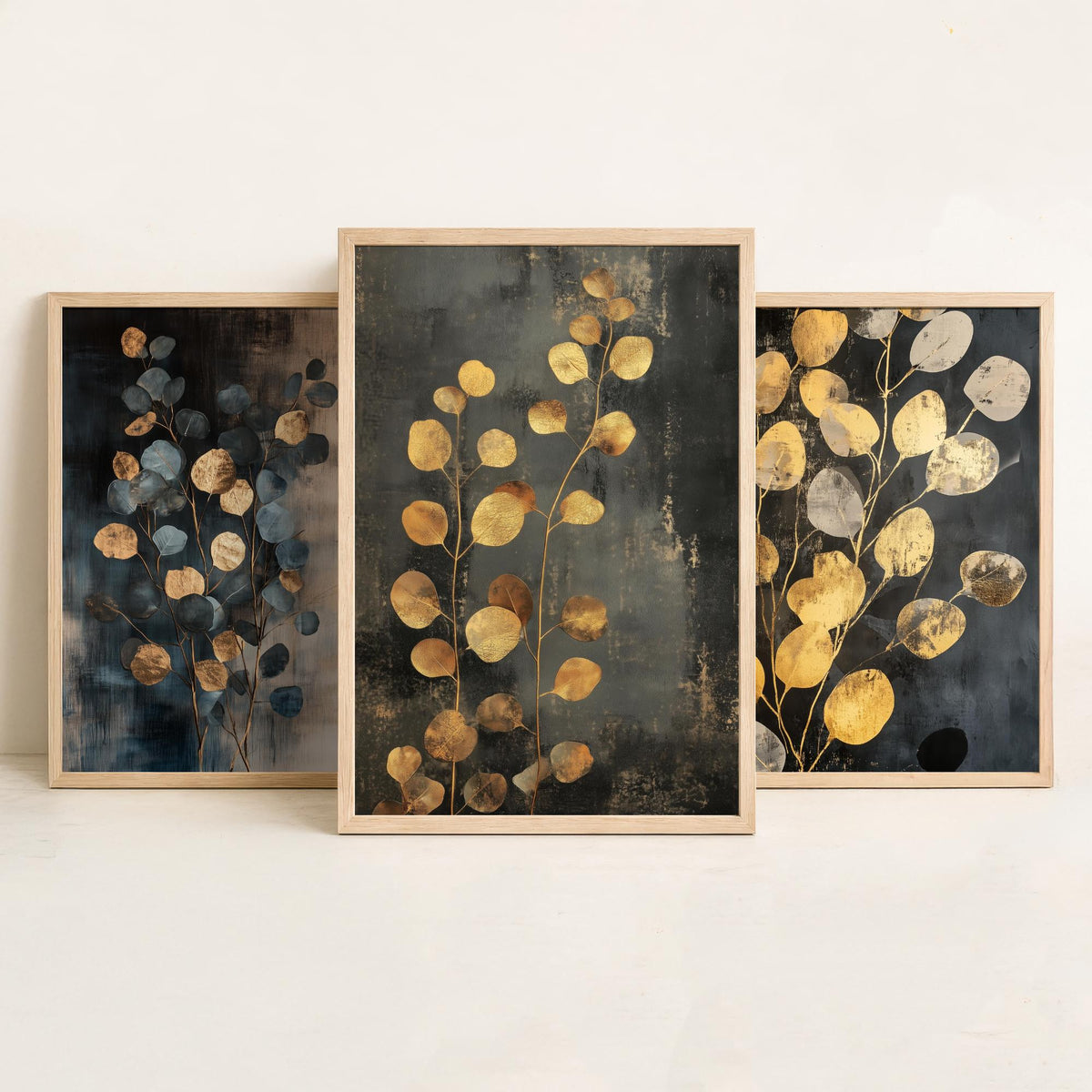 Eucalyptus Set of Three Art Prints V4 - 3 Gold Foil Botanical Posters - Slate Blue Gold Luxe Leaf Wall Art Gift Painting
