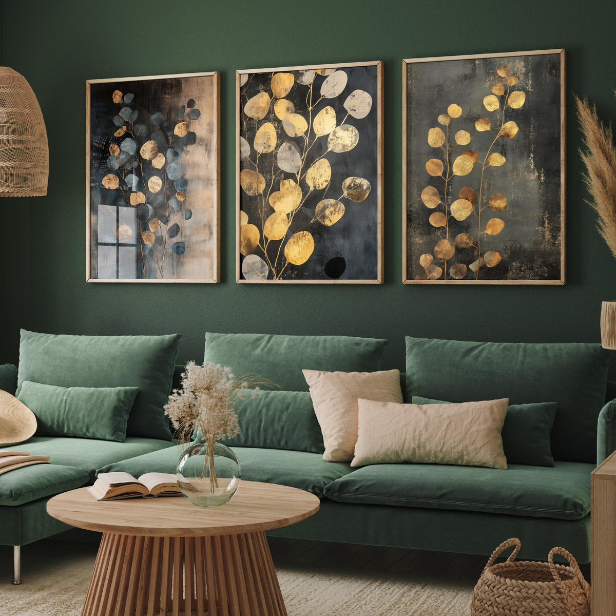 Eucalyptus Set of Three Art Prints V4 - 3 Gold Foil Botanical Posters - Slate Blue Gold Luxe Leaf Wall Art Gift Painting