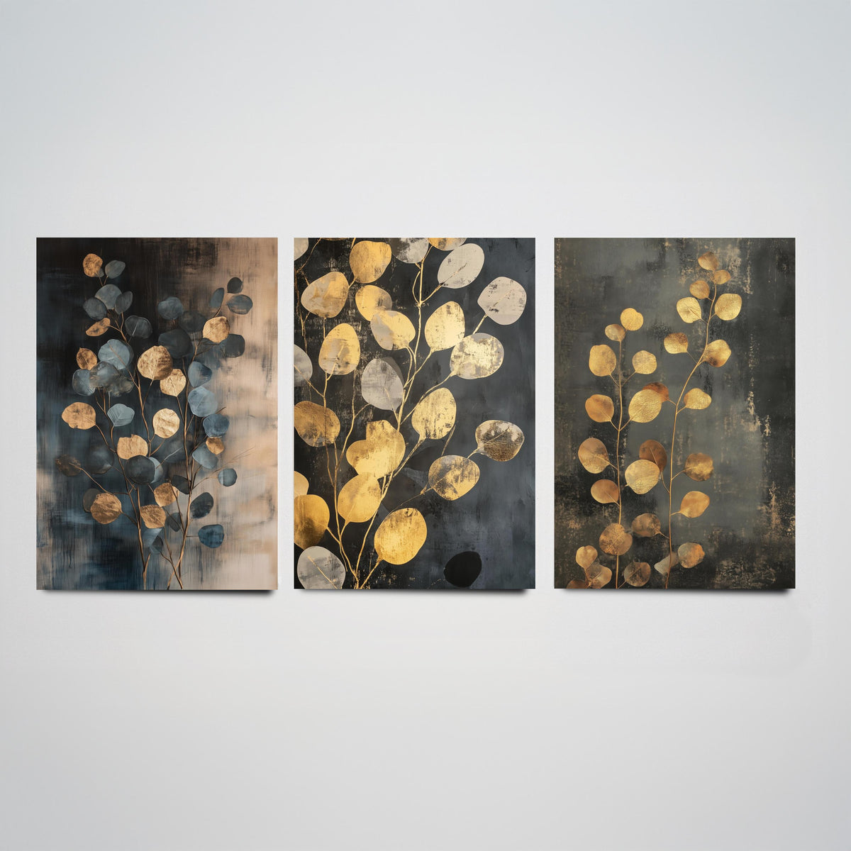 Eucalyptus Set of Three Art Prints V4 - 3 Gold Foil Botanical Posters - Slate Blue Gold Luxe Leaf Wall Art Gift Painting