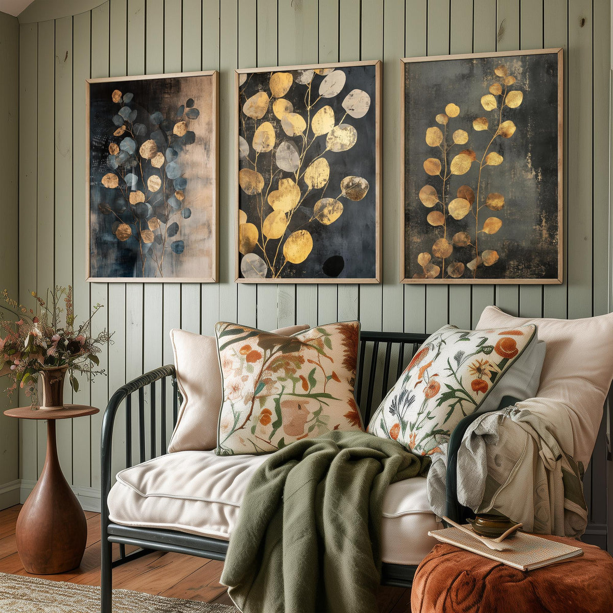 Eucalyptus Set of Three Art Prints V4 - 3 Gold Foil Botanical Posters - Slate Blue Gold Luxe Leaf Wall Art Gift Painting