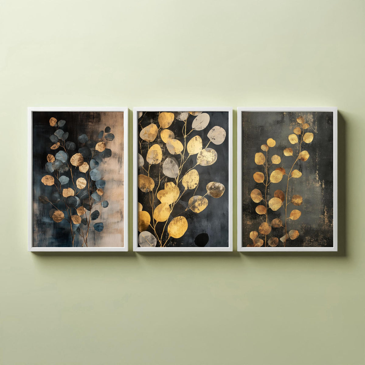 Eucalyptus Set of Three Art Prints V4 - 3 Gold Foil Botanical Posters - Slate Blue Gold Luxe Leaf Wall Art Gift Painting