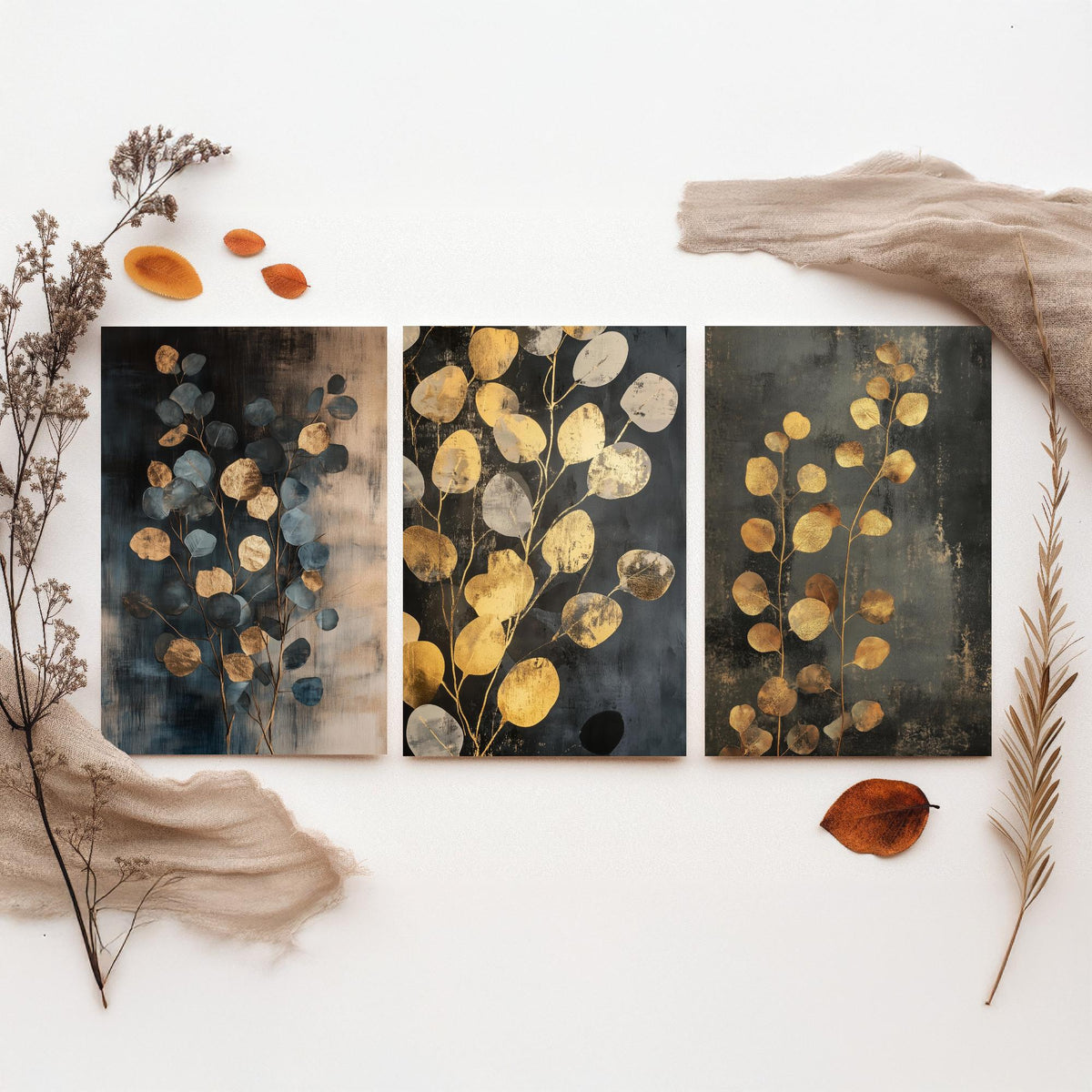Eucalyptus Set of Three Art Prints V4 - 3 Gold Foil Botanical Posters - Slate Blue Gold Luxe Leaf Wall Art Gift Painting