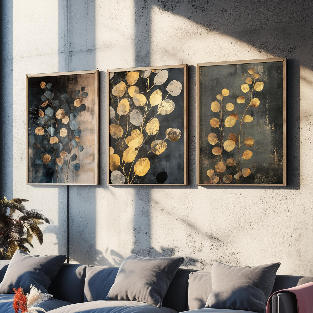 Eucalyptus Set of Three Art Prints V4 - 3 Gold Foil Botanical Posters - Slate Blue Gold Luxe Leaf Wall Art Gift Painting