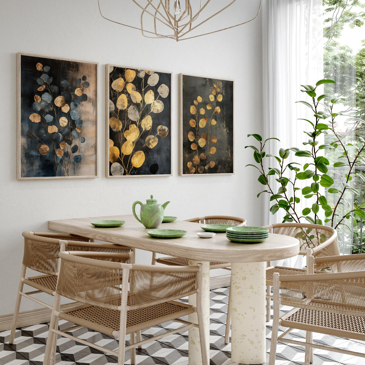 Eucalyptus Set of Three Art Prints V4 - 3 Gold Foil Botanical Posters - Slate Blue Gold Luxe Leaf Wall Art Gift Painting