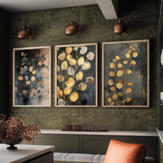 Eucalyptus Set of Three Art Prints V4 - 3 Gold Foil Botanical Posters - Slate Blue Gold Luxe Leaf Wall Art Gift Painting