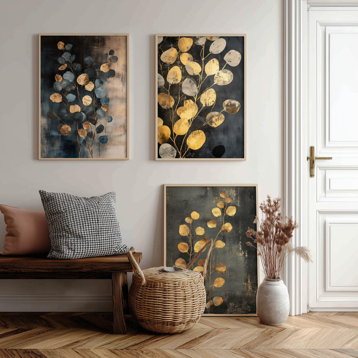 Eucalyptus Set of Three Art Prints V4 - 3 Gold Foil Botanical Posters - Slate Blue Gold Luxe Leaf Wall Art Gift Painting