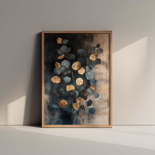 Gold Foil Eucalyptus Poster - Blue Grey Branch Art Print - Botanical Painting - Modern Foliage V4 1/3