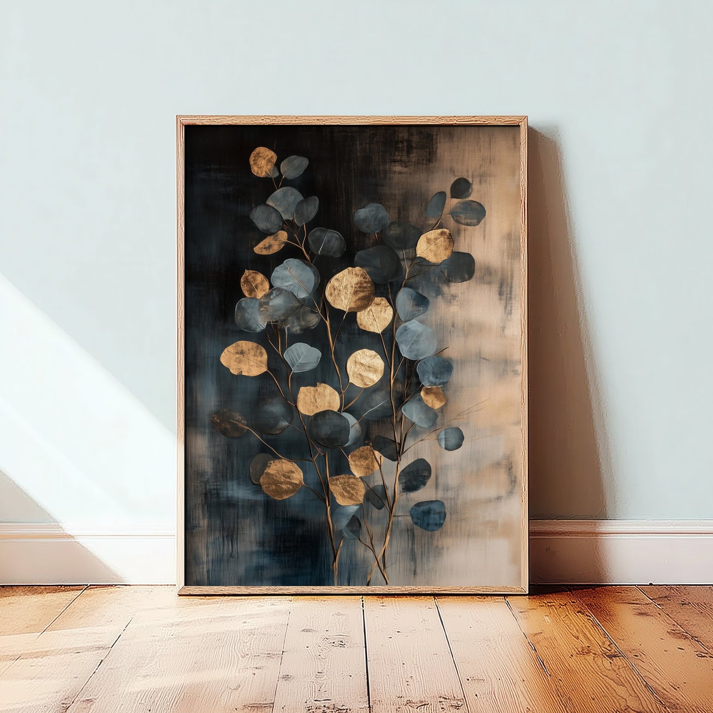 Gold Foil Eucalyptus Poster - Blue Grey Branch Art Print - Botanical Painting - Modern Foliage V4 1/3