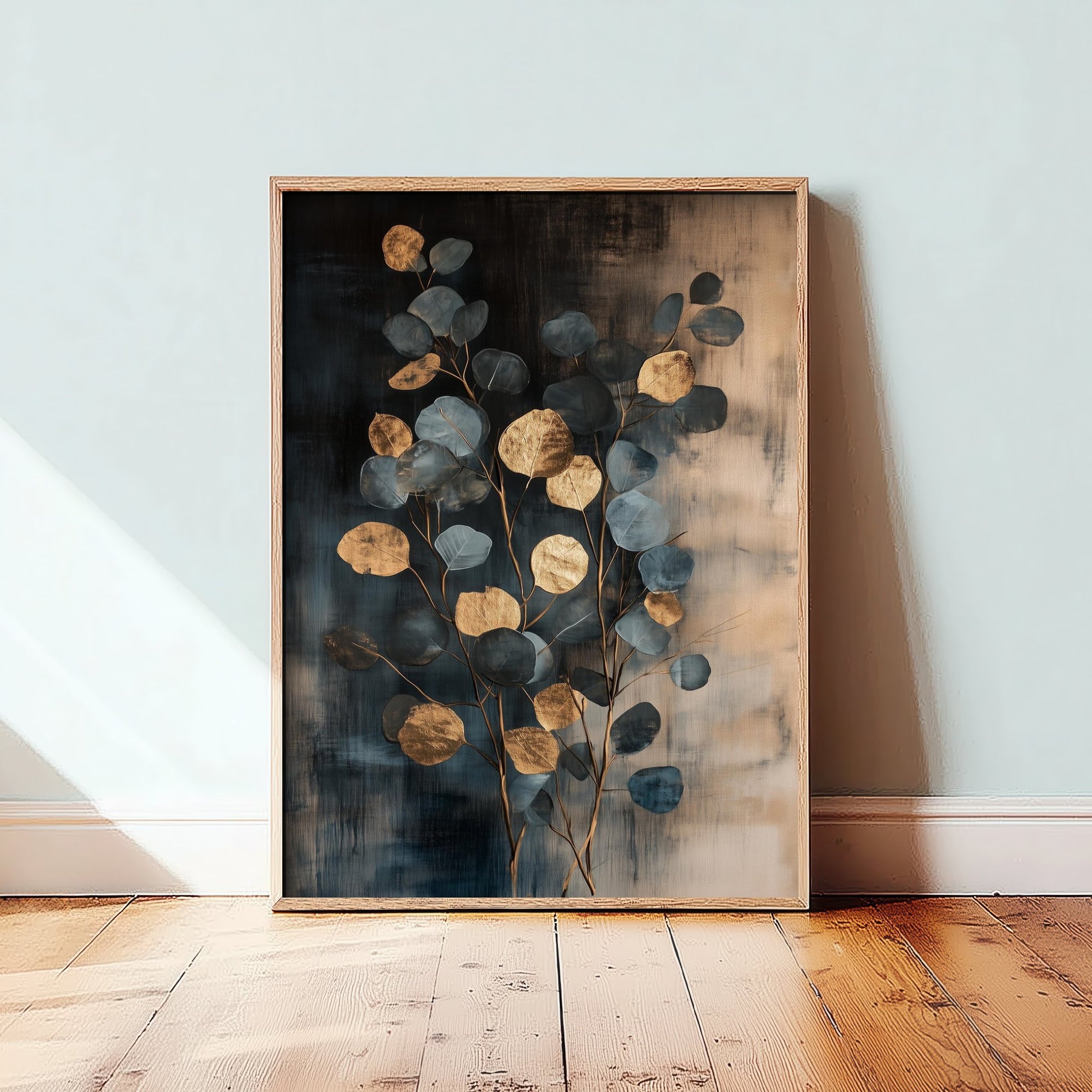 Gold Foil Eucalyptus Poster - Blue Grey Branch Art Print - Botanical Painting - Modern Foliage V4 1/3