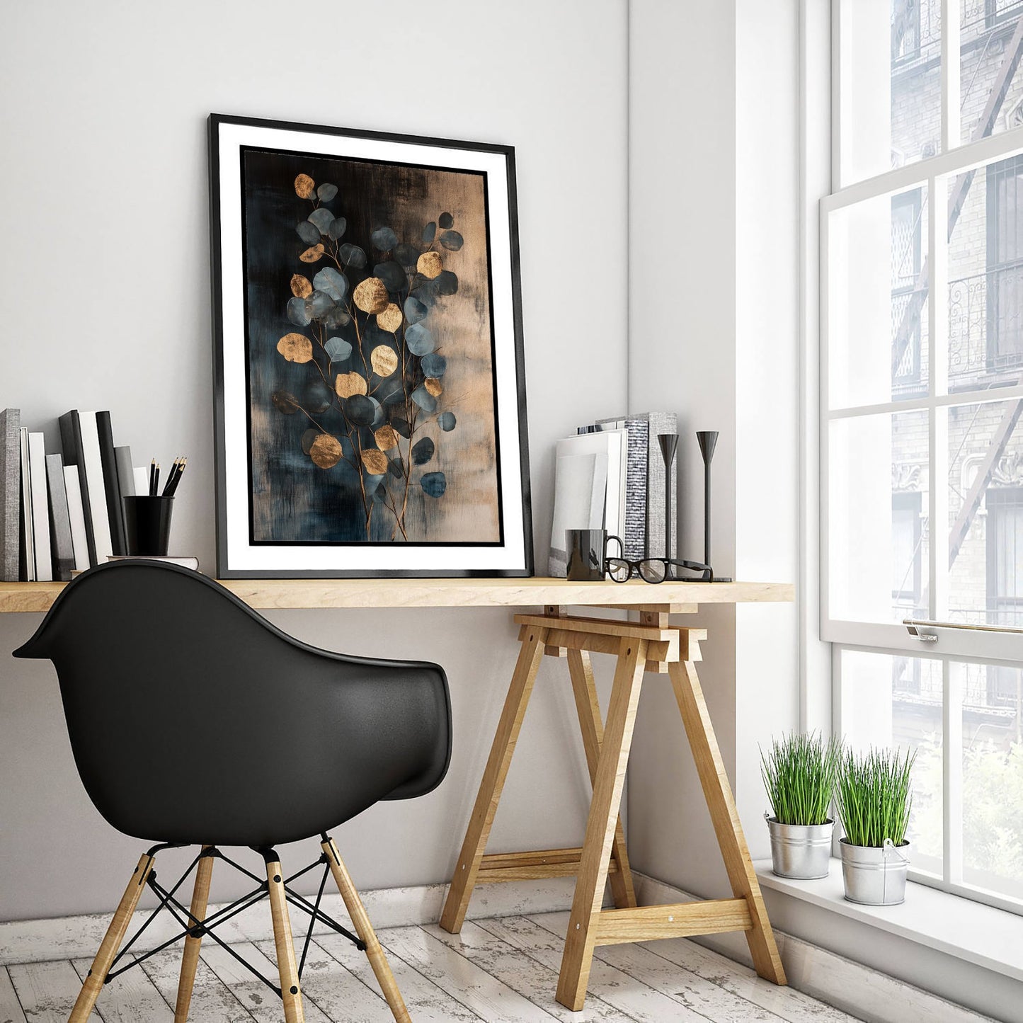 Gold Foil Eucalyptus Poster - Blue Grey Branch Art Print - Botanical Painting - Modern Foliage V4 1/3
