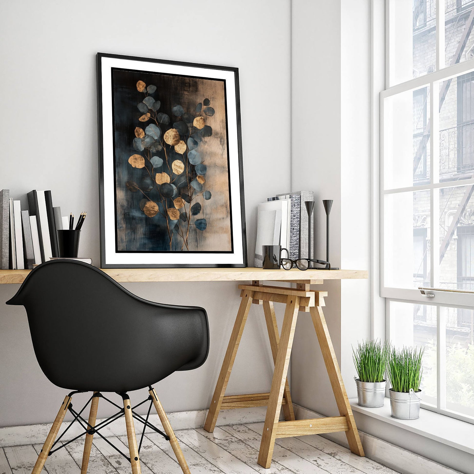 Gold Foil Eucalyptus Poster - Blue Grey Branch Art Print - Botanical Painting - Modern Foliage V4 1/3