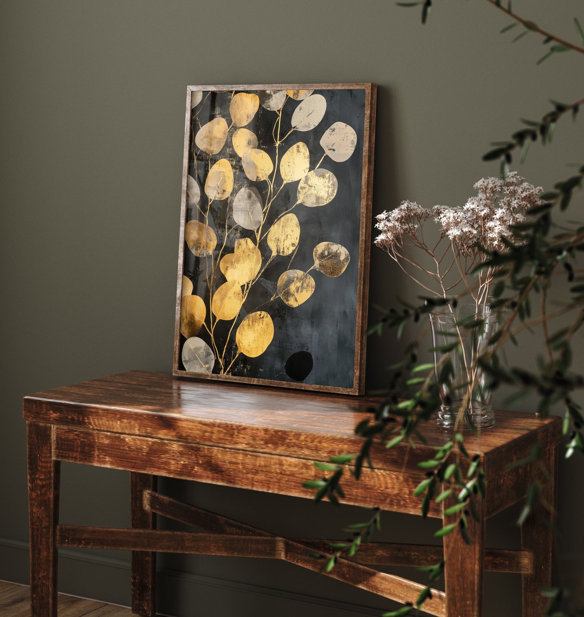 Gold Foil Eucalyptus Art Print - Golden Leaf Botanical Poster - Abundant Painting - Modern Foliage V4 2/3
